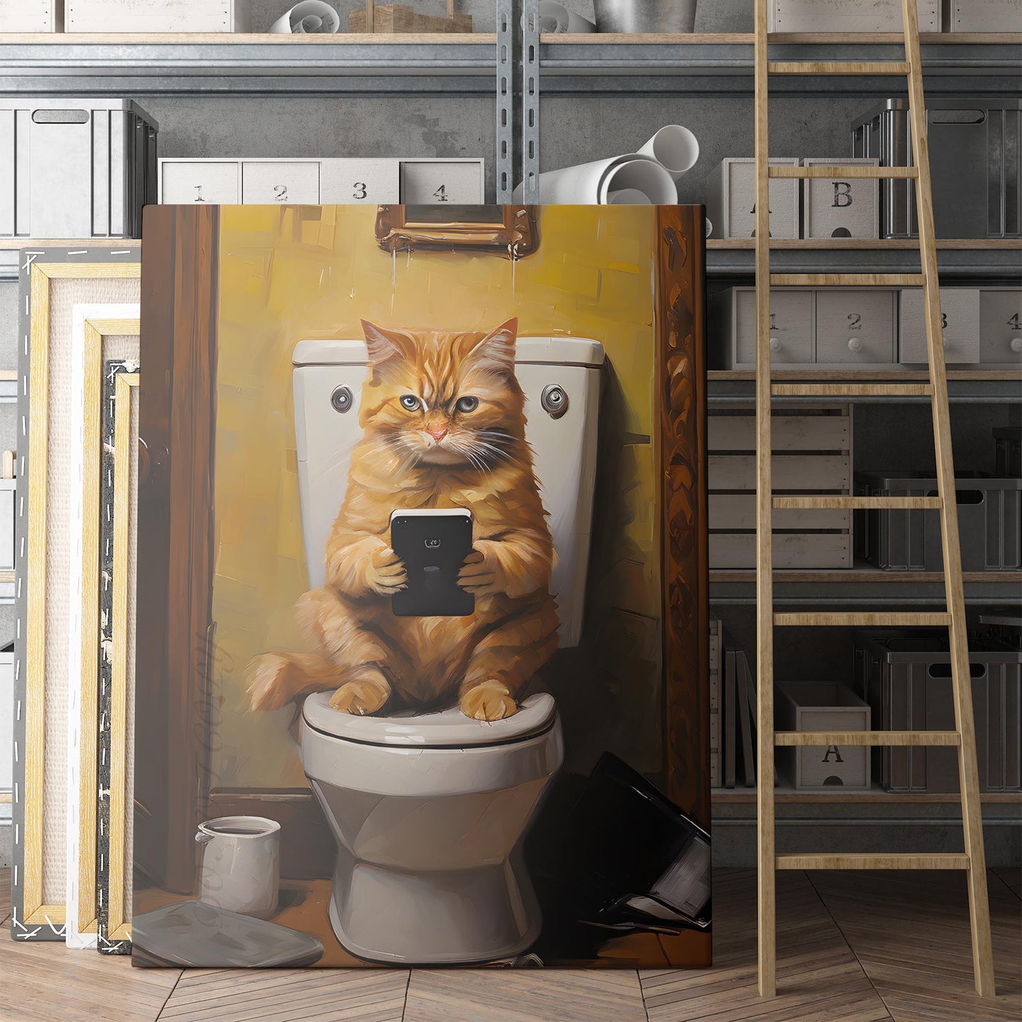 Cat On Phone On The Toilet