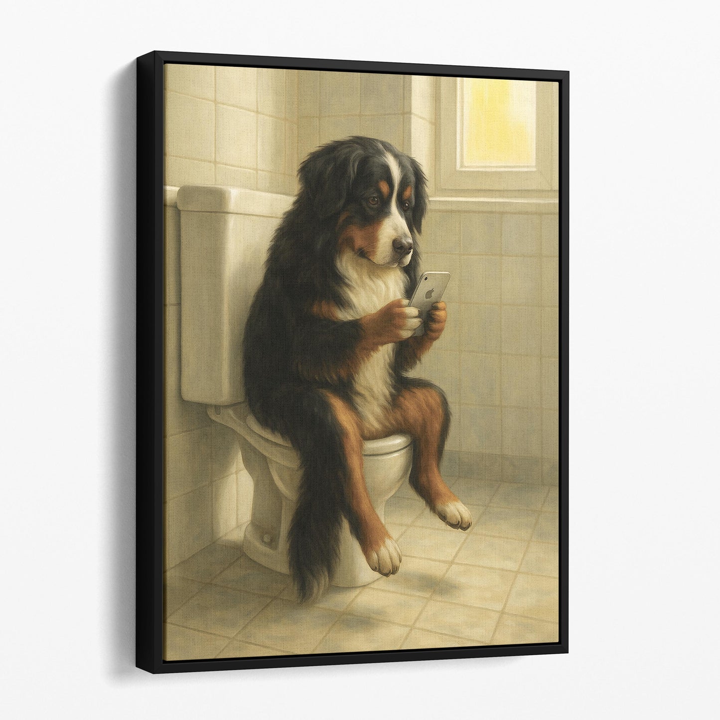 Bernese Mountain Dog On The Phone On The Toilet