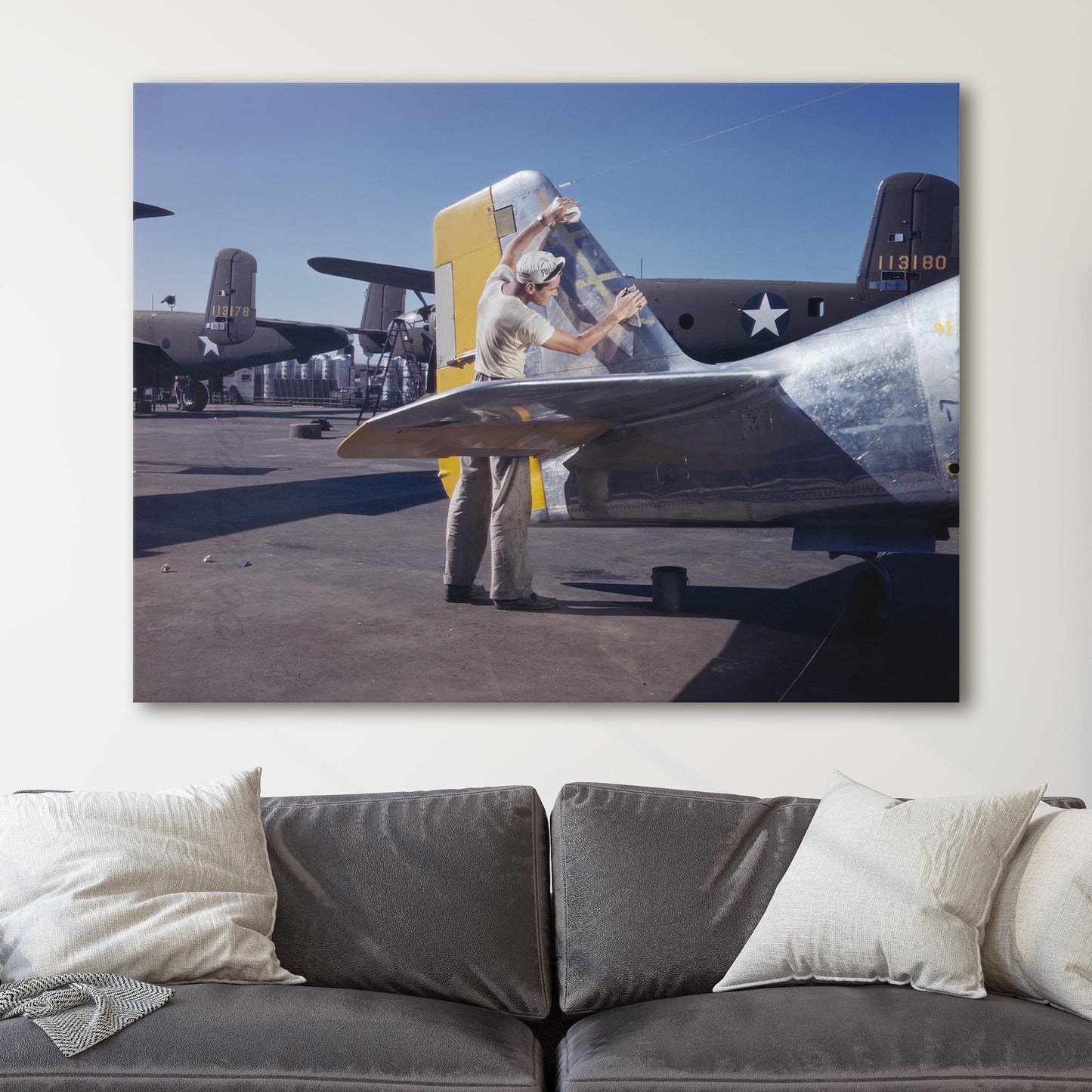 Cleaning the Tail of a P51 Fighter Plane, World War Two