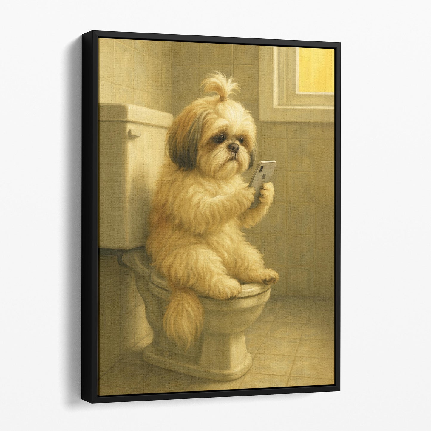 Shih Tzu Dog On The Phone On The Toilet