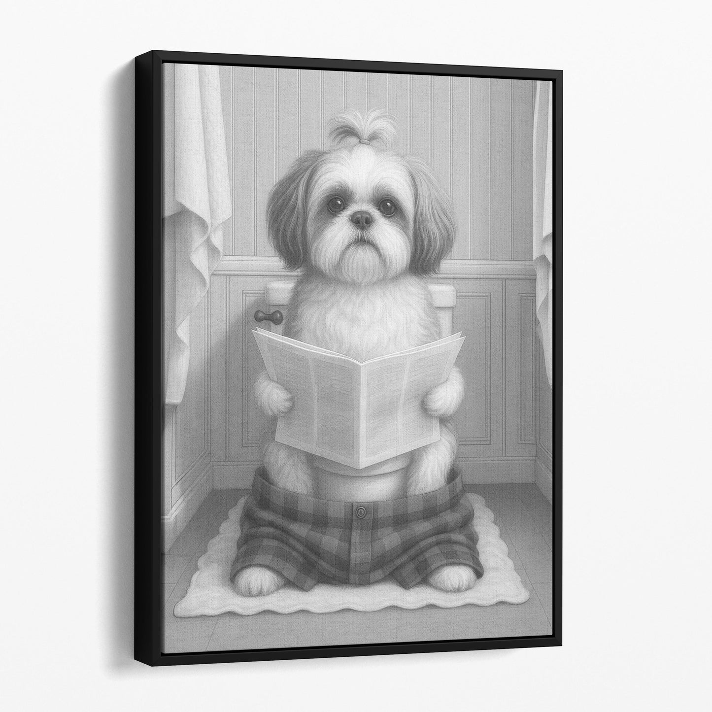 Shih Tzu Dog Reading The Newspaper On The Toilet