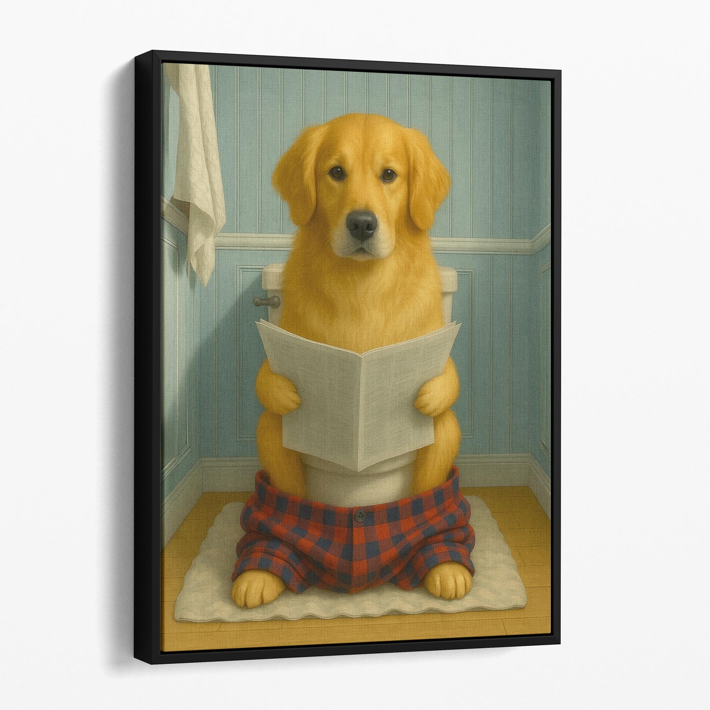 Golden Retriever Dog Reading The Newspaper On The Toilet