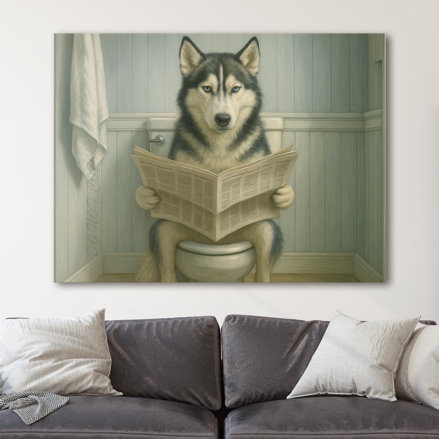 Husky Dog On The Toilet Reading The Newspaper