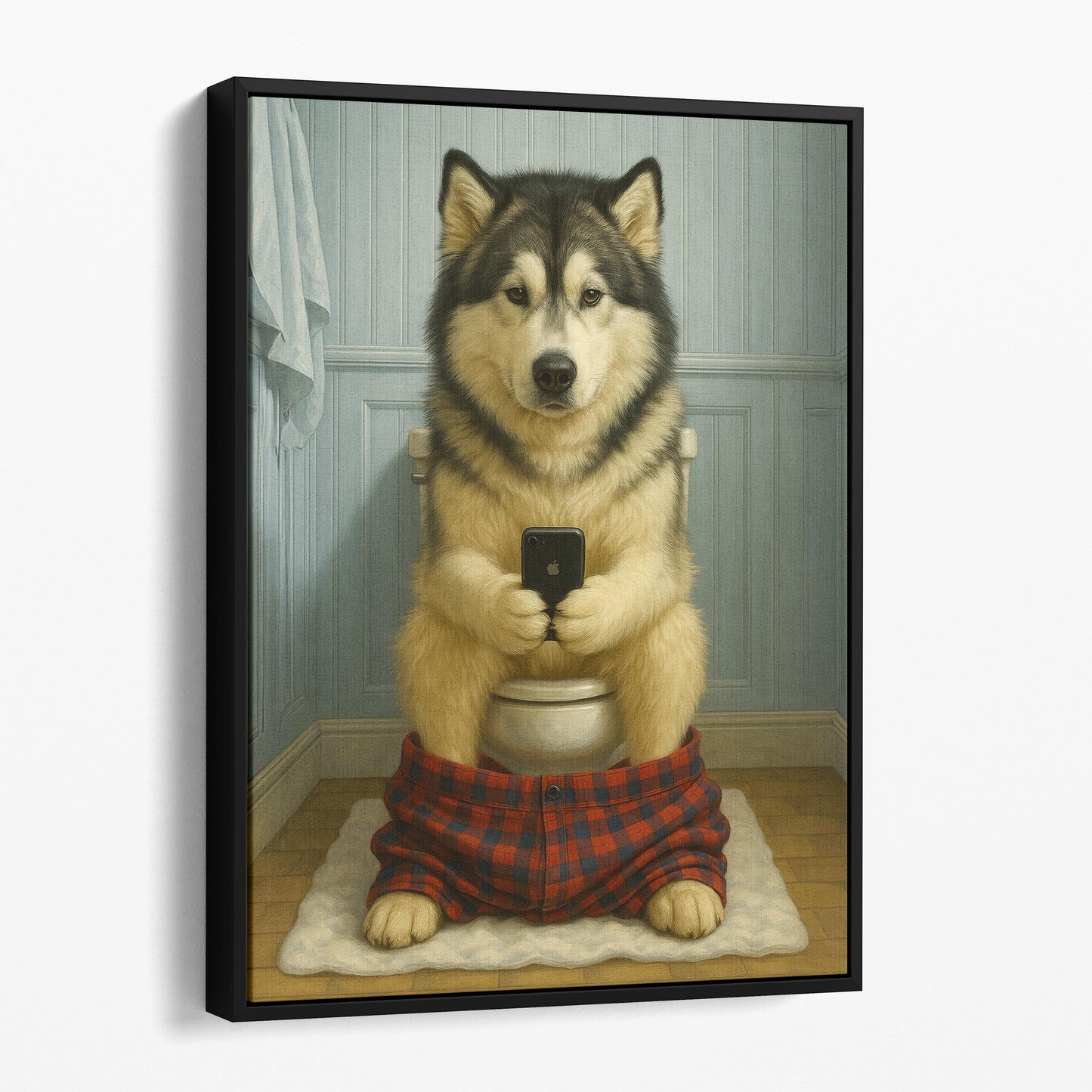 Alaskan Malamute Dog On The Phone On The Toilet