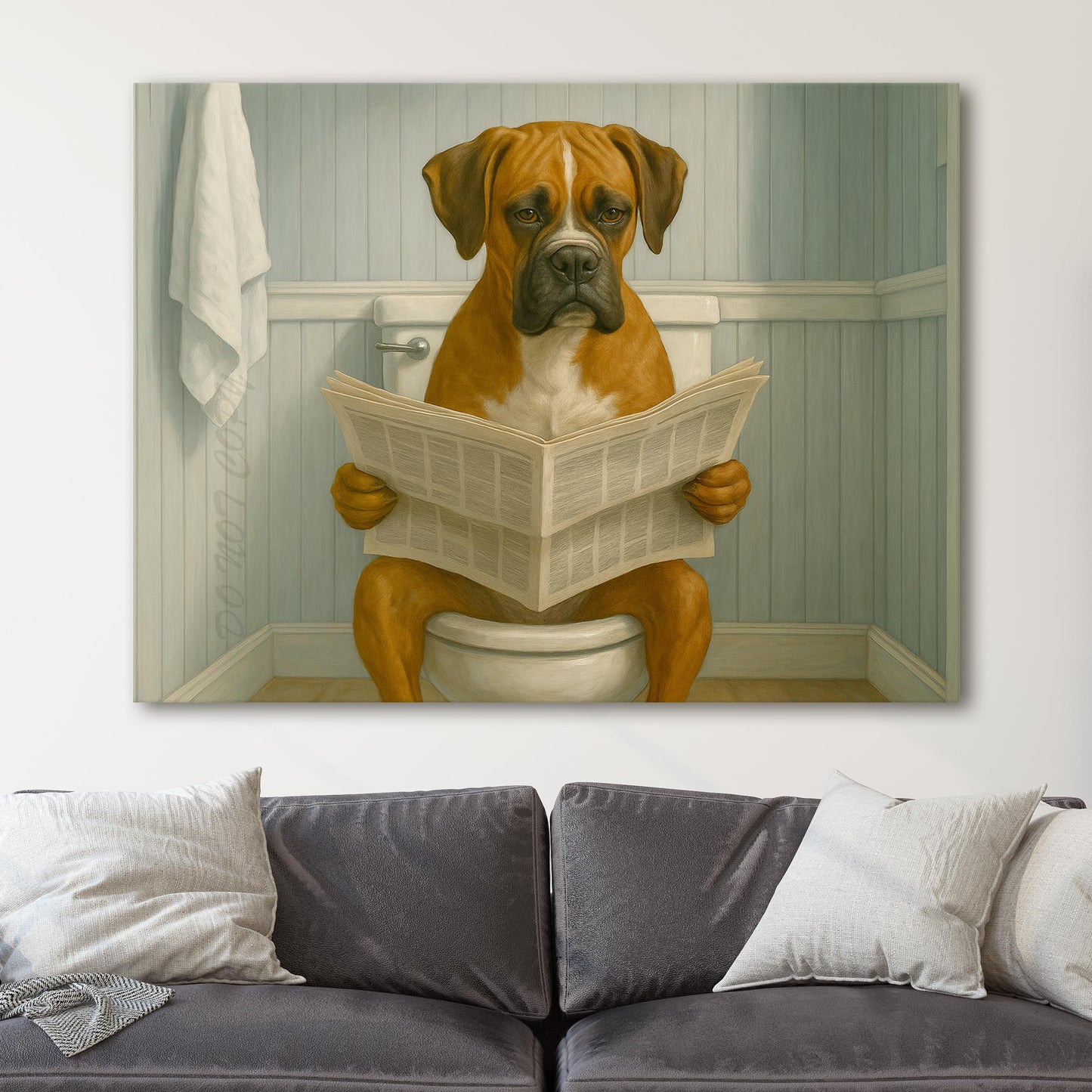 Boxer Dog Reading The Newspaper On The Toilet