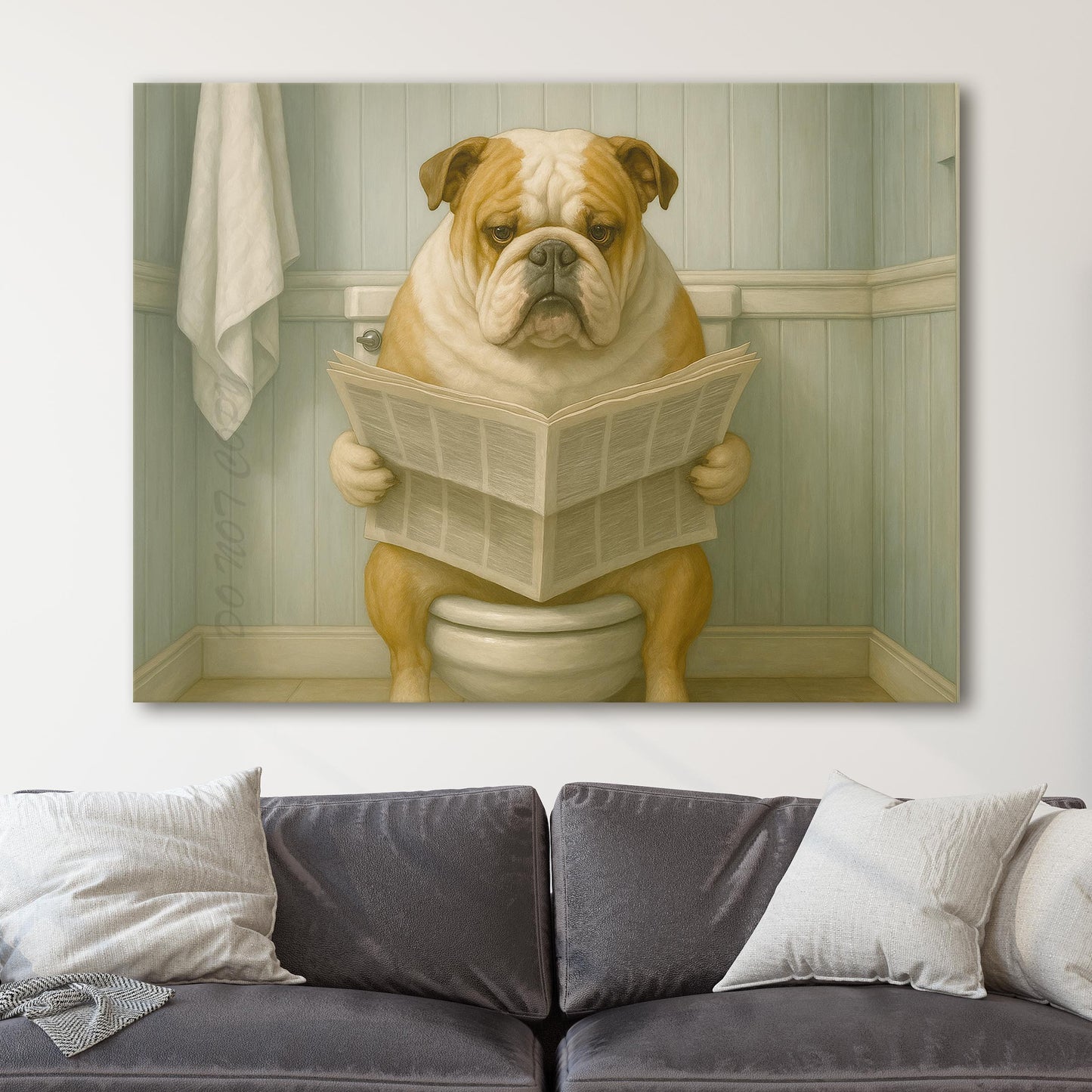 Bulldog Reading The Newspaper On The Toilet