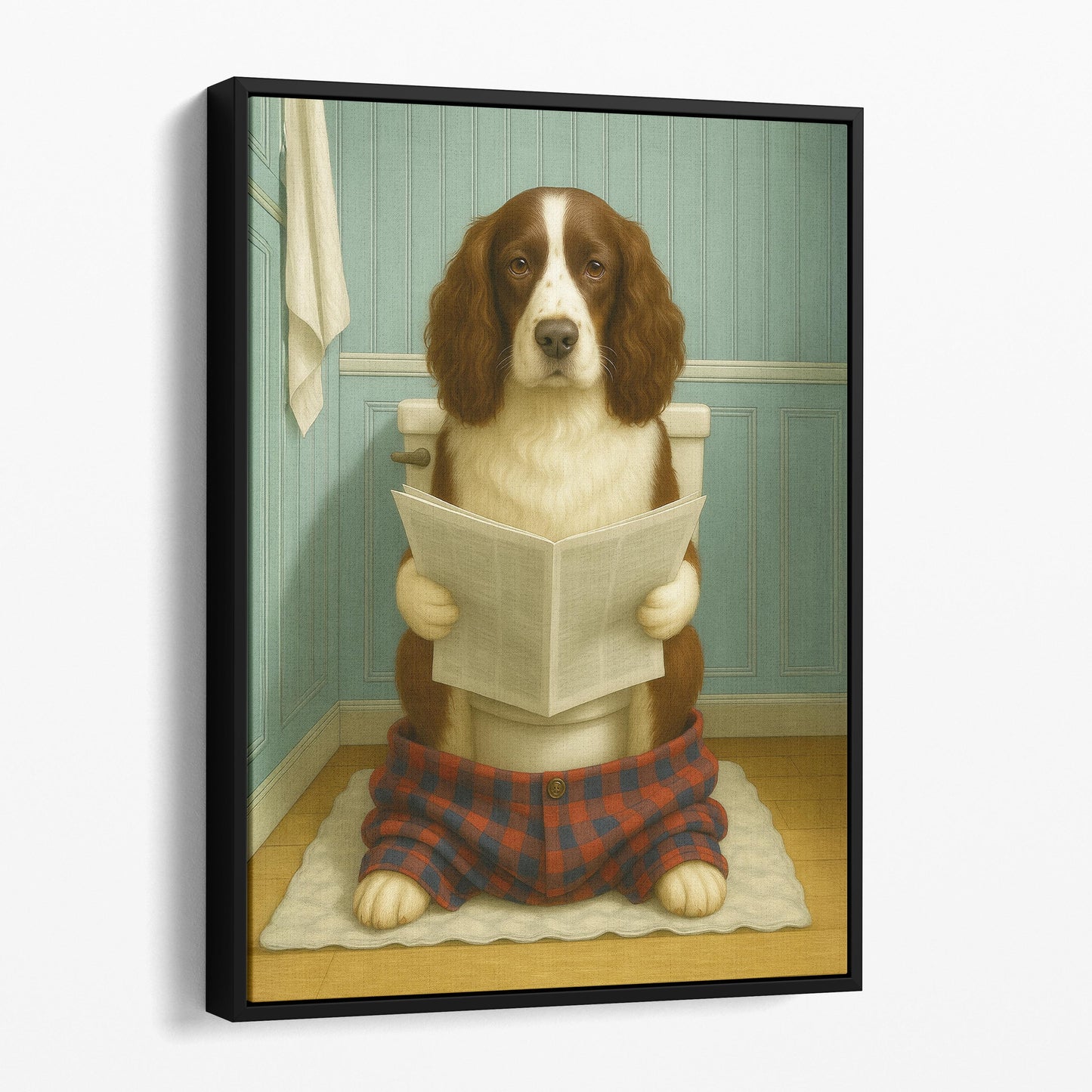 English Springer Spaniel Dog Reading The Newspaper On The Toilet