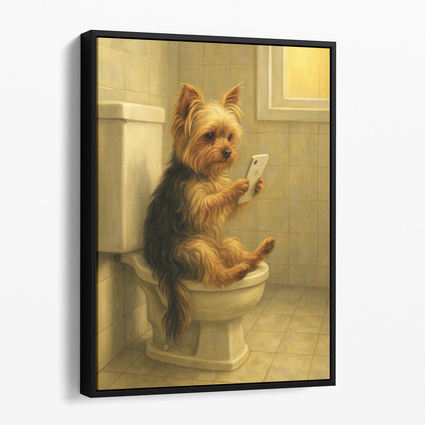 Yorkshire Terrier Dog On The Phone On The Toilet