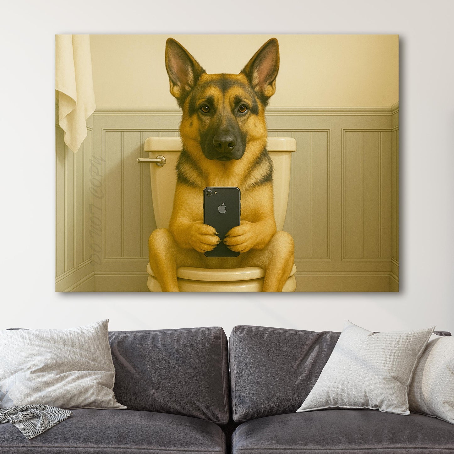 German Shepherd Dog On The Phone On The Toilet