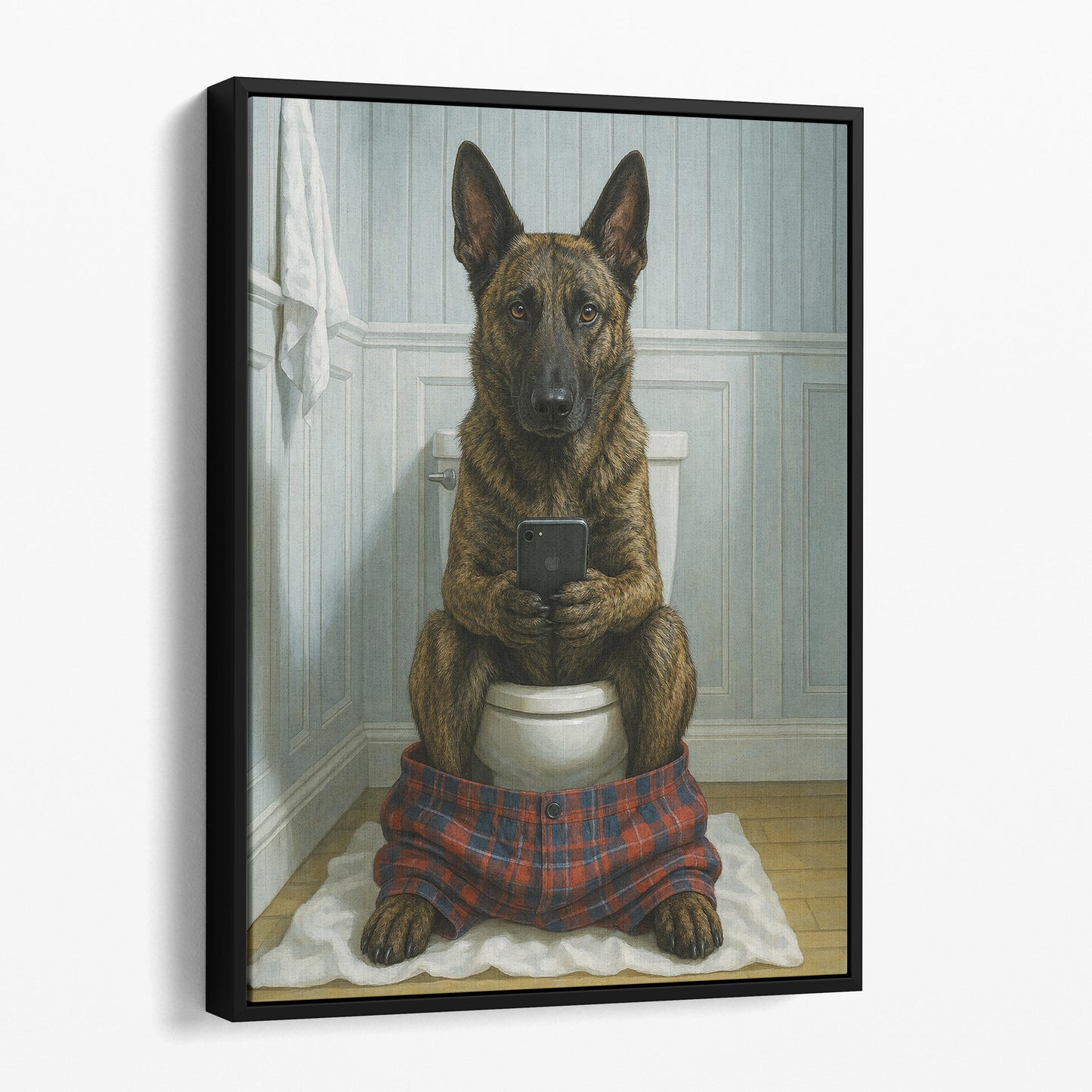 Dutch Shepherd Dog on the Phone on the Toilet