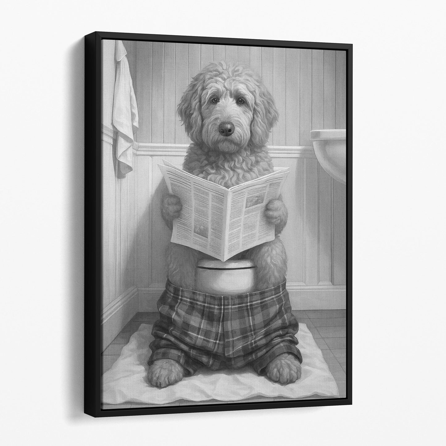 Golden Doodle Reading The Newspaper On The Toilet