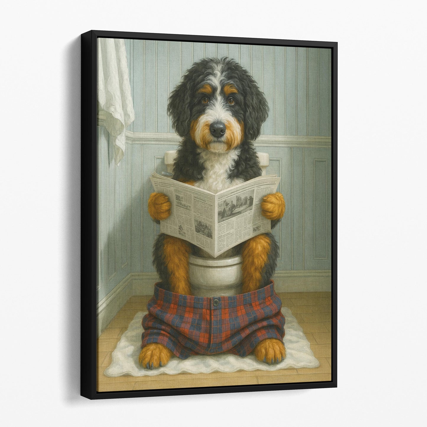 Bernedoodle Dog Reading The Newspaper On The Toilet