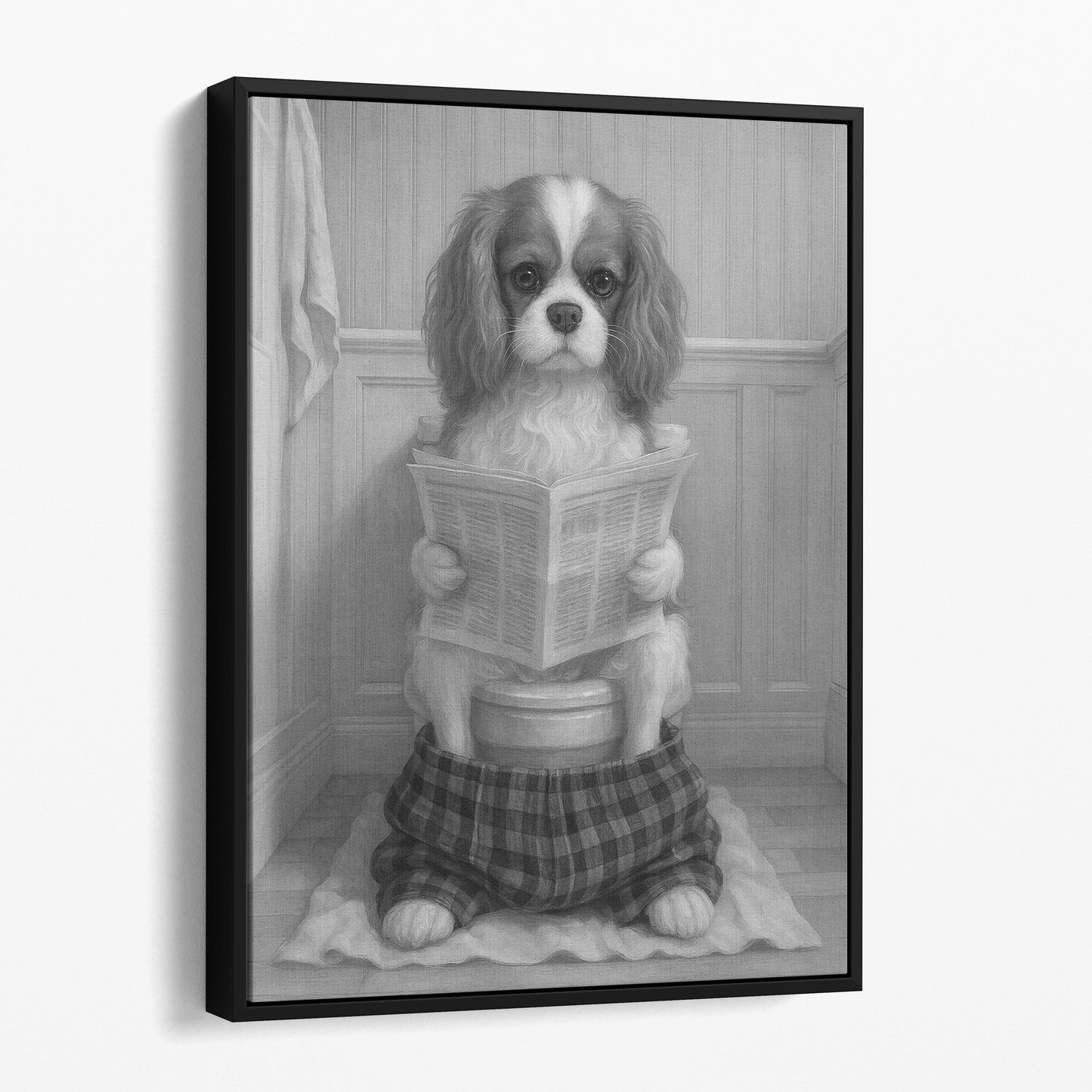 Cavalier King Charles Spaniel Dog Reading The Newspaper On The Toilet