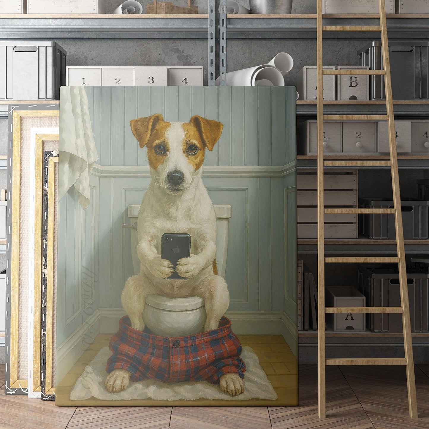 Jack Russell Terrier Dog On The Phone On The Toilet