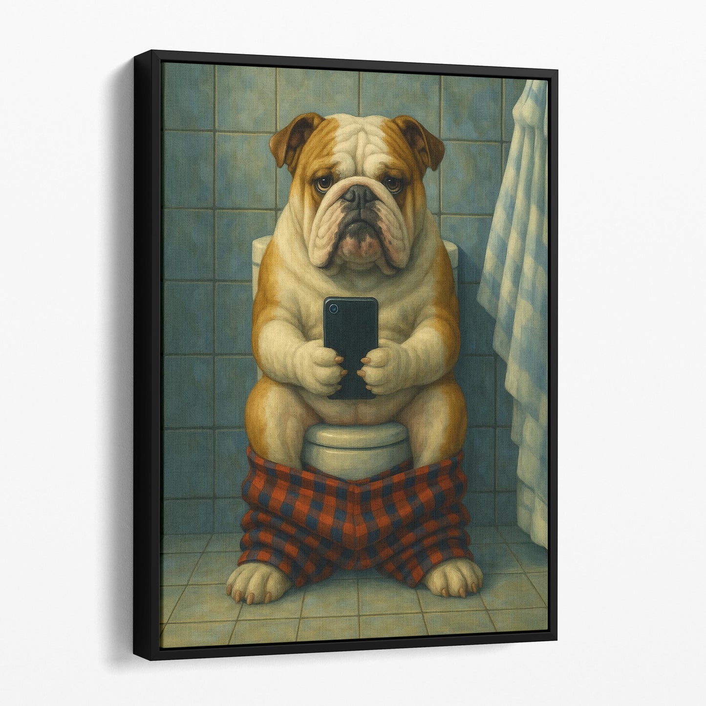 Bulldog On The Phone On The Toilet