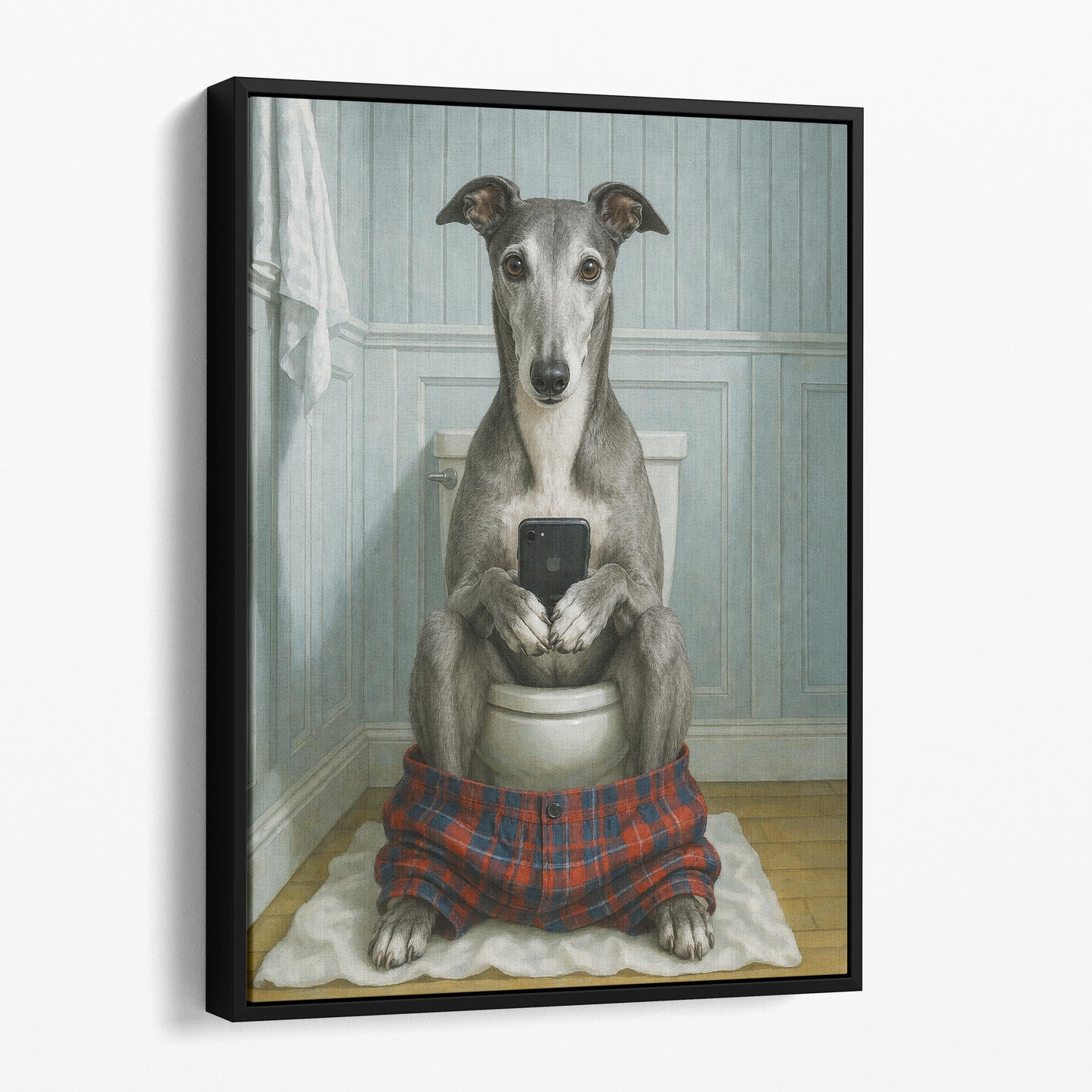 Greyhound Dog On The Phone On The Toilet