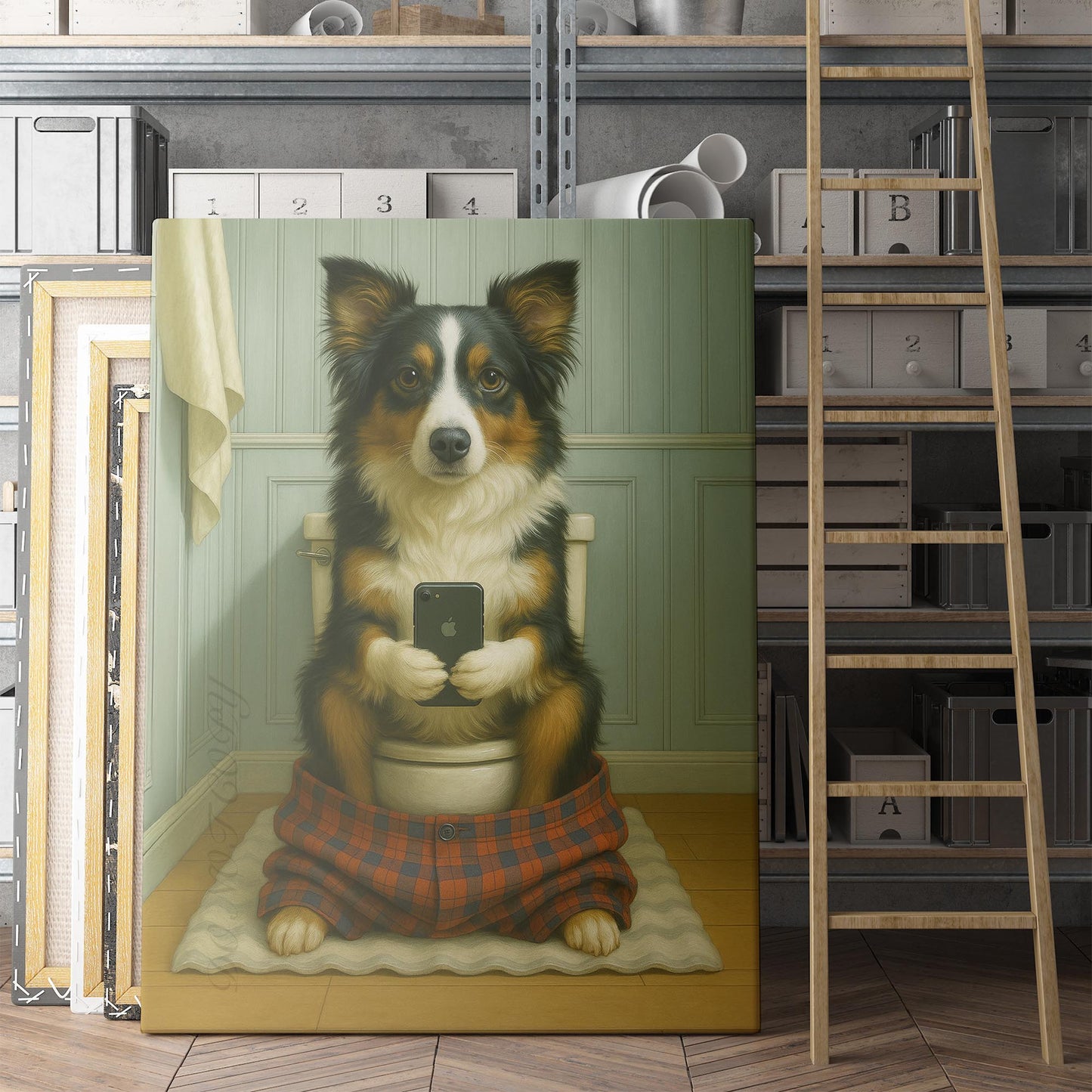 Miniature American Shepherd Dog On The Phone On The Toilet