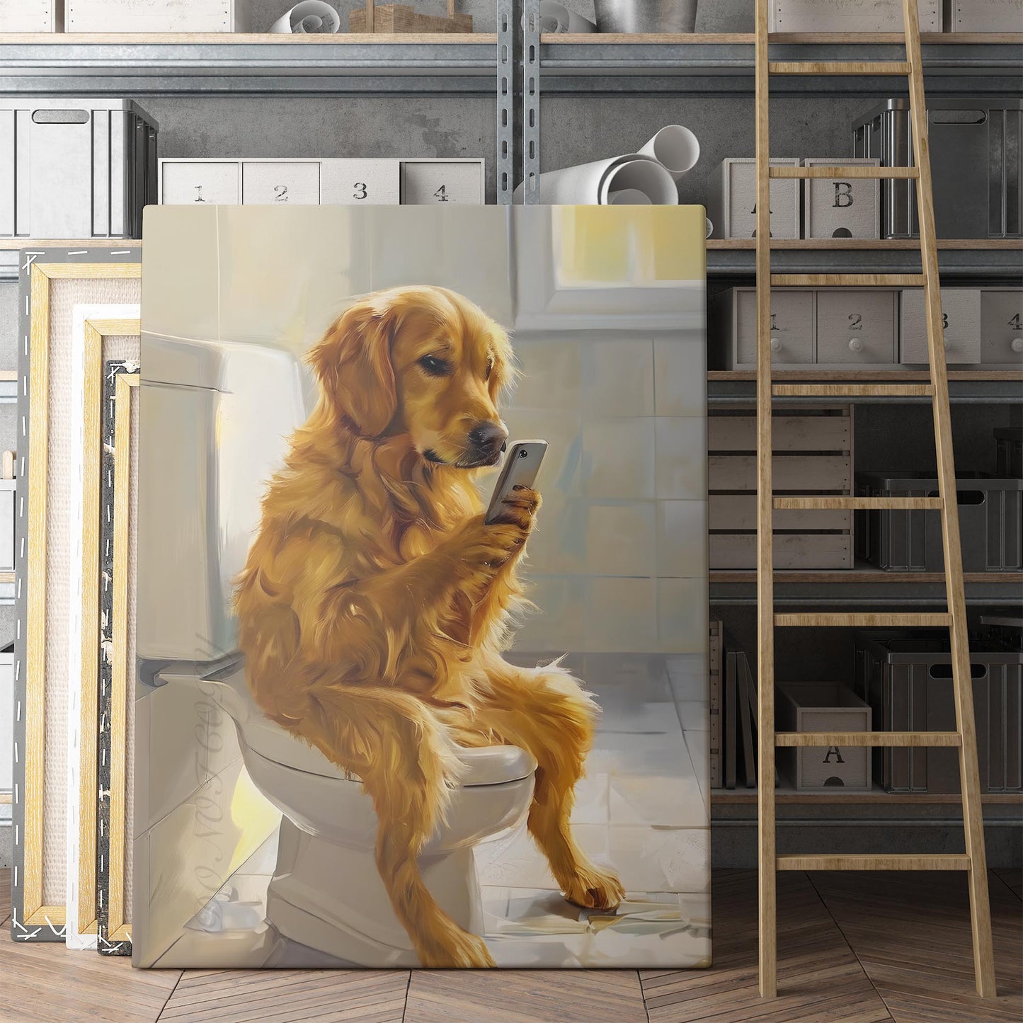 Golden Retriever On Phone On The Toilet