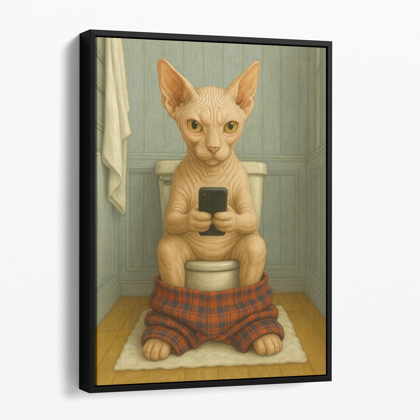 Sphynx Cat On The Phone On The Toilet