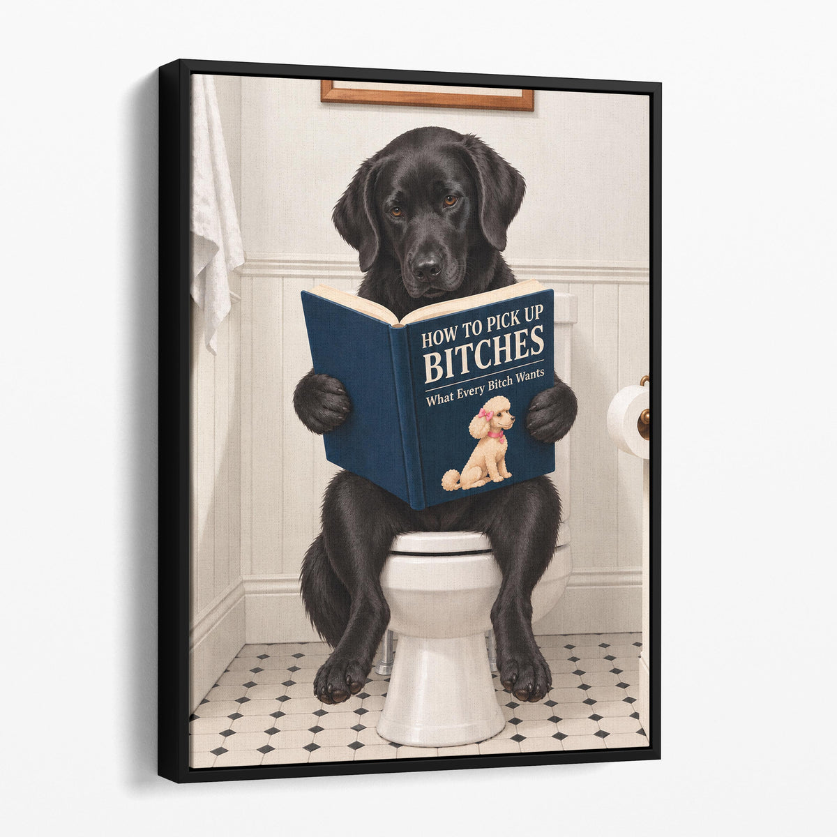 Black Labrador Dog Reading Dating Book On The Toilet