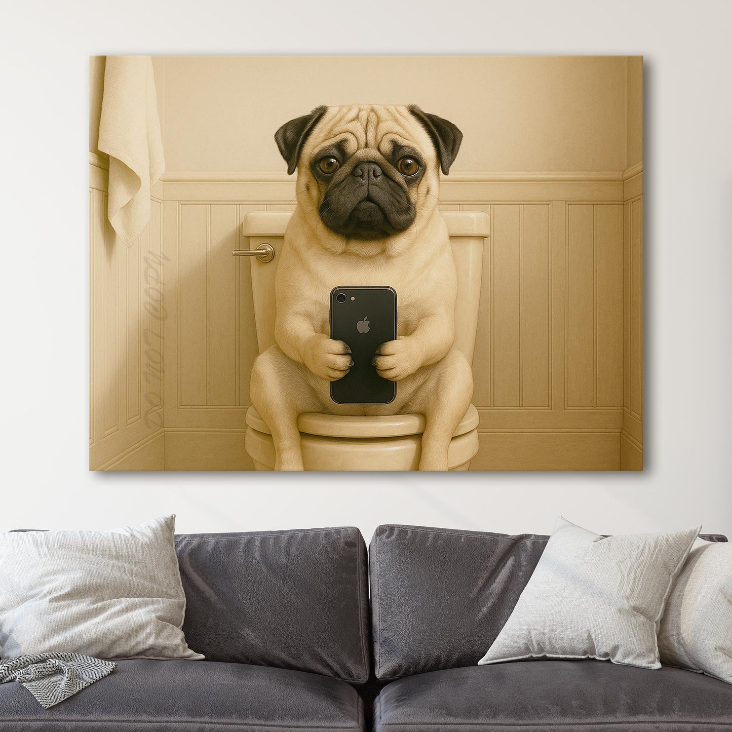 Pug Dog On The Phone On The Toilet