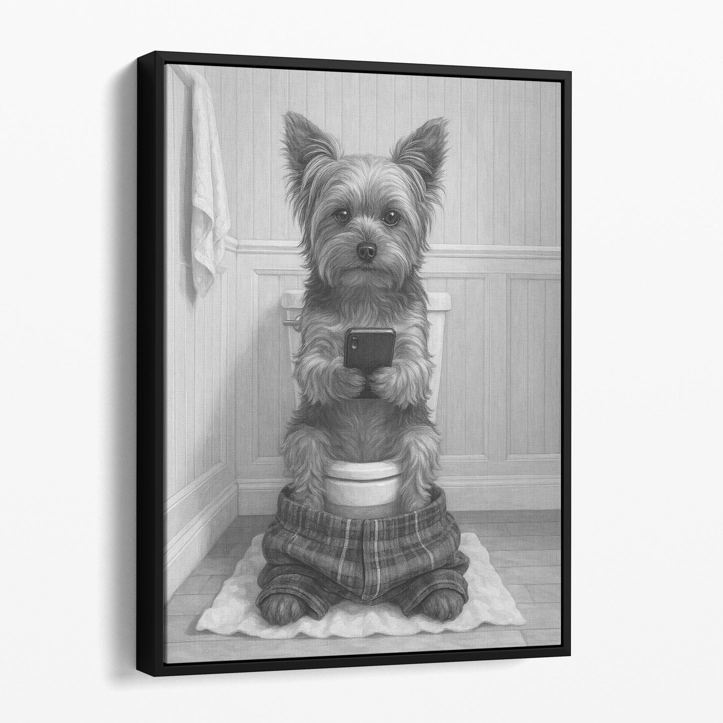 Yorkshire Terrier Dog On The Phone On The Toilet