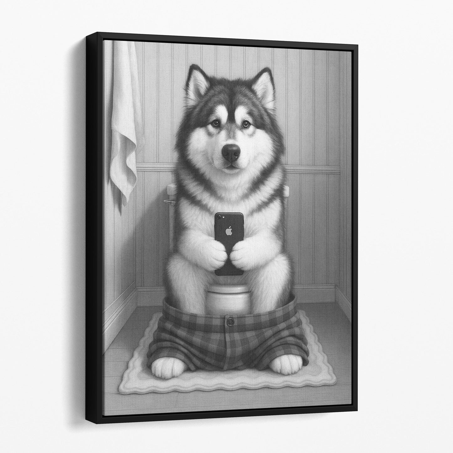 Alaskan Malamute Dog On The Phone On The Toilet