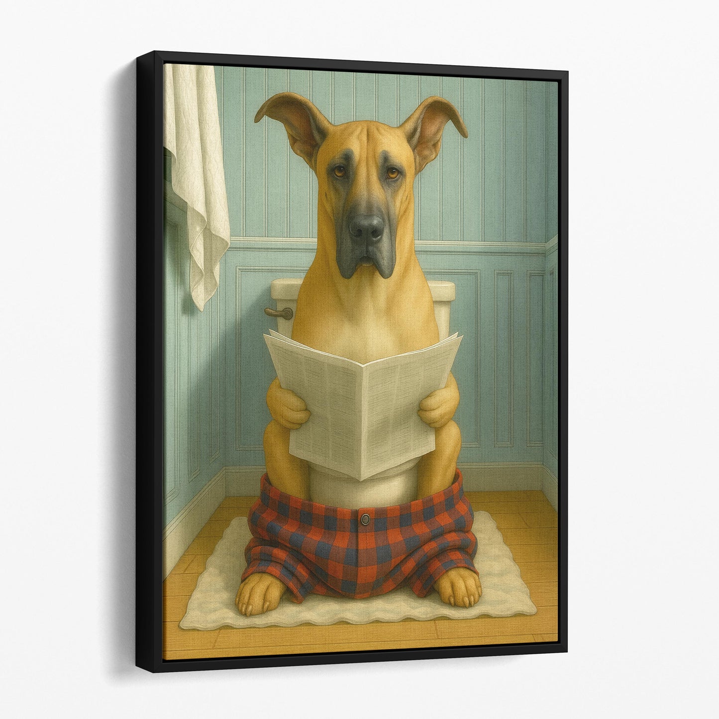 Great Dane Dog Reading The Newspaper On The Toilet