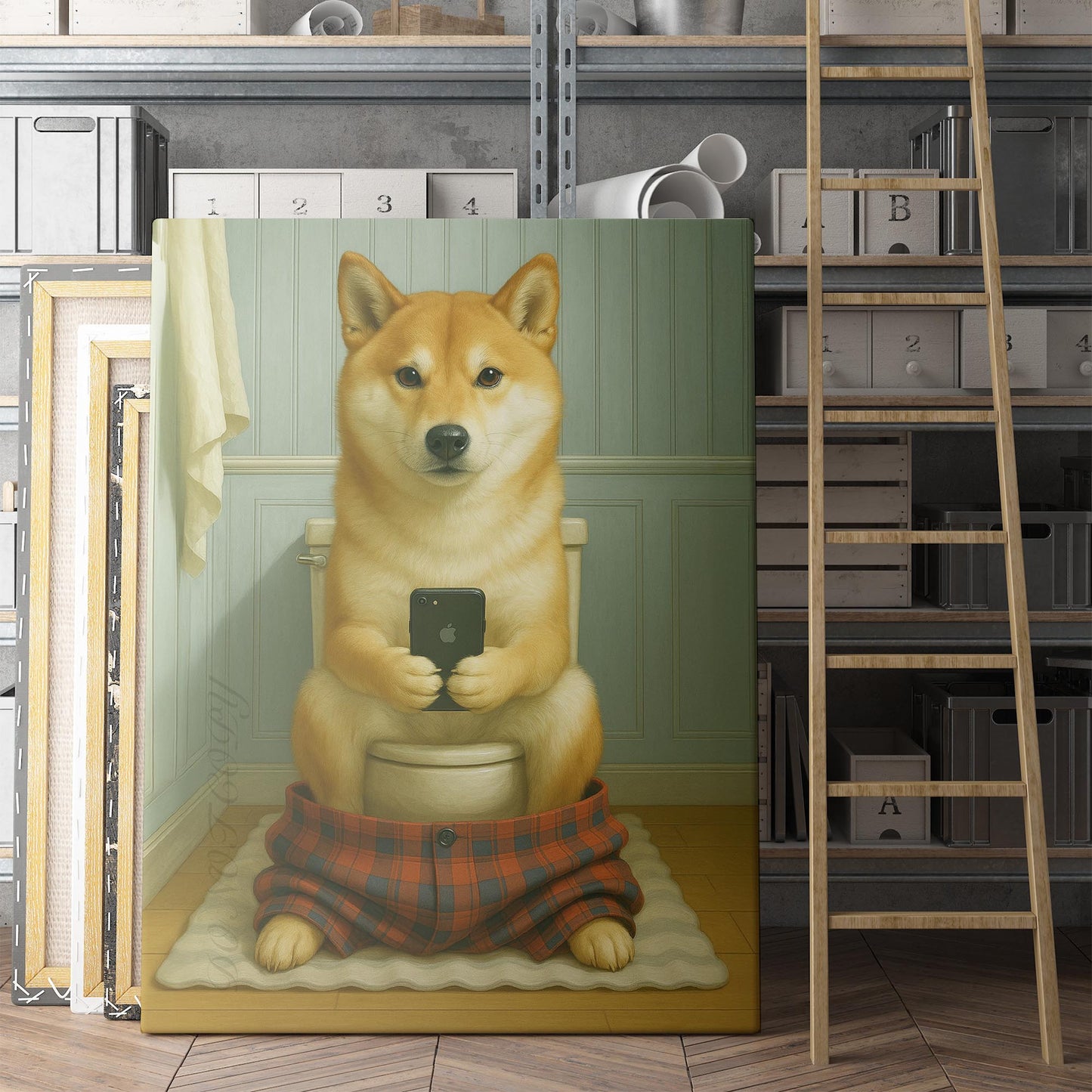 Shiba Inu Dog On The Phone On The Toilet
