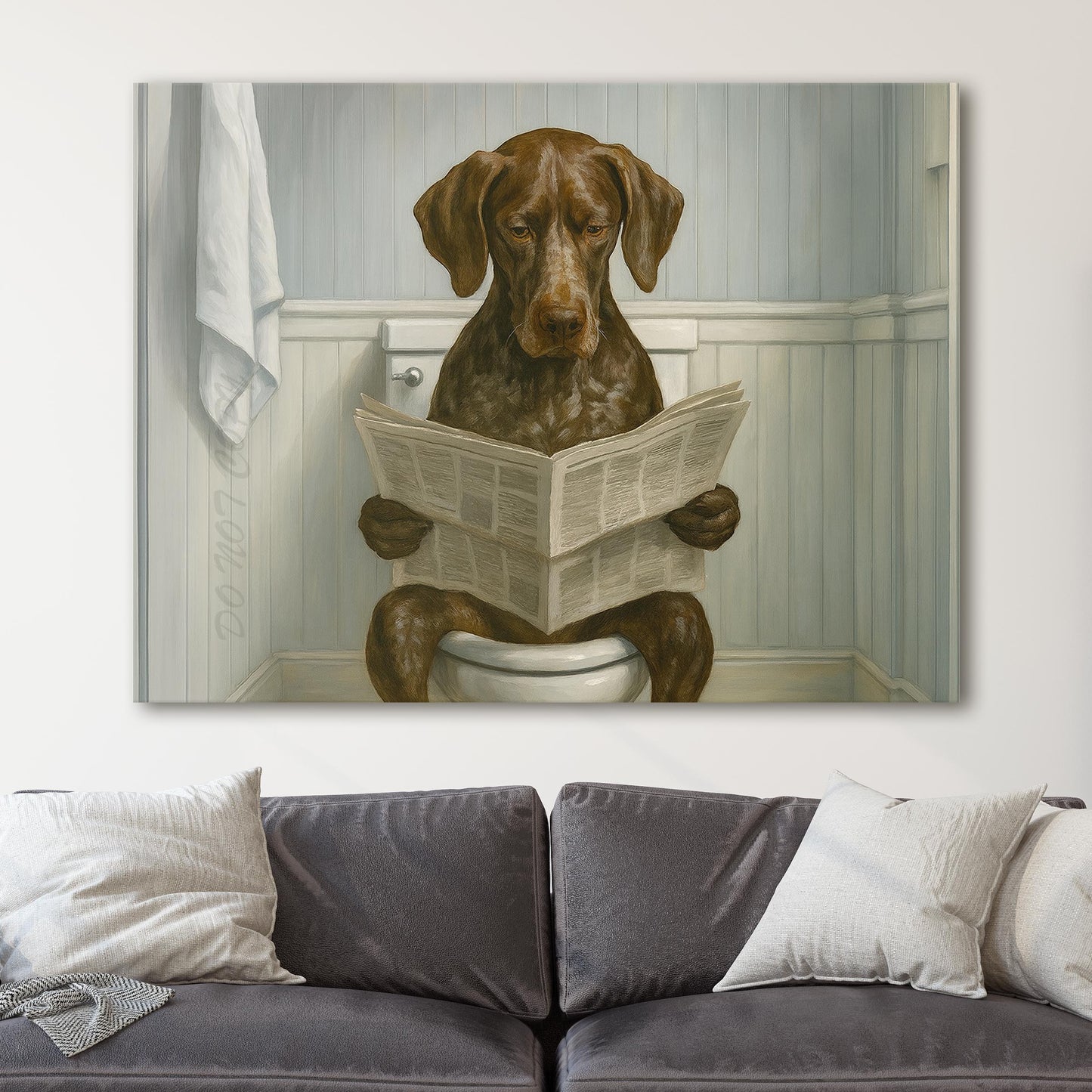 German Shorthaired Pointer Dog Reading The Newspaper On The Toilet