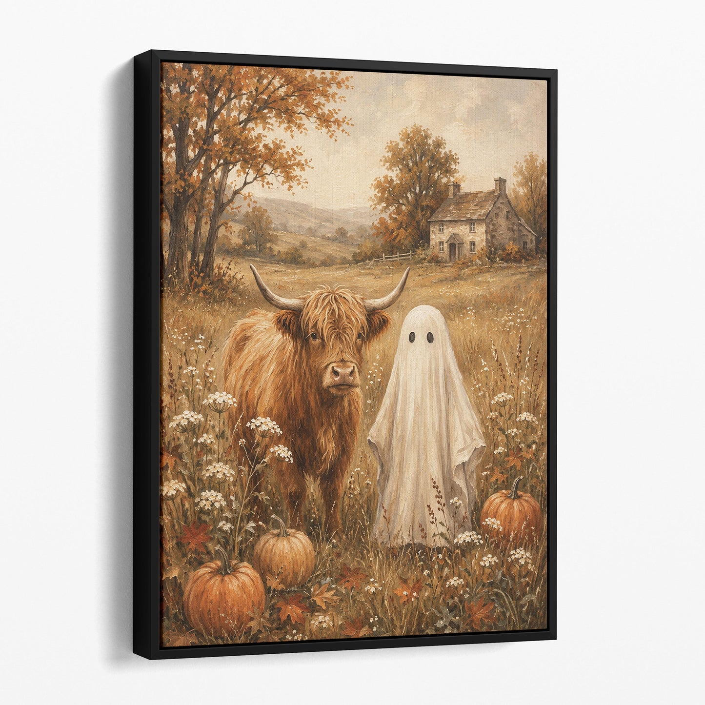 Highland Cow and Ghost in Autumn Meadow