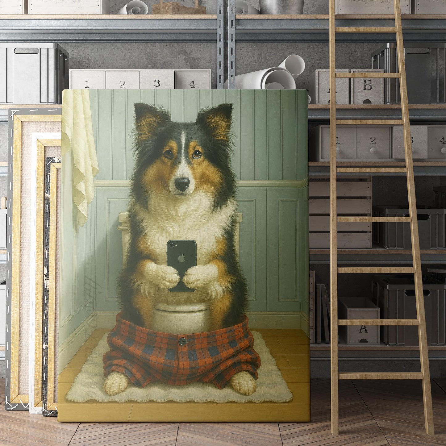 Shetland Sheepdog On The Phone On The Toilet