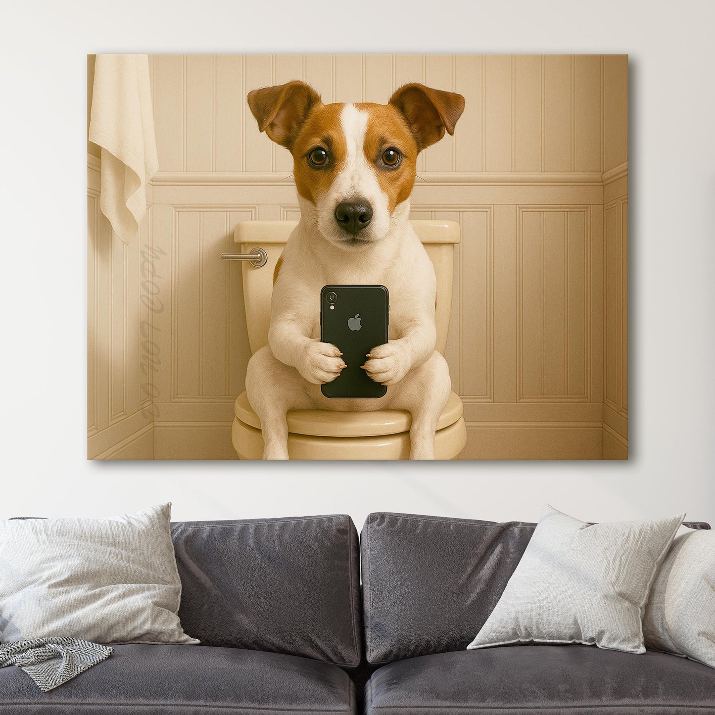 Jack Russell Terrier Dog On The Phone On The Toilet