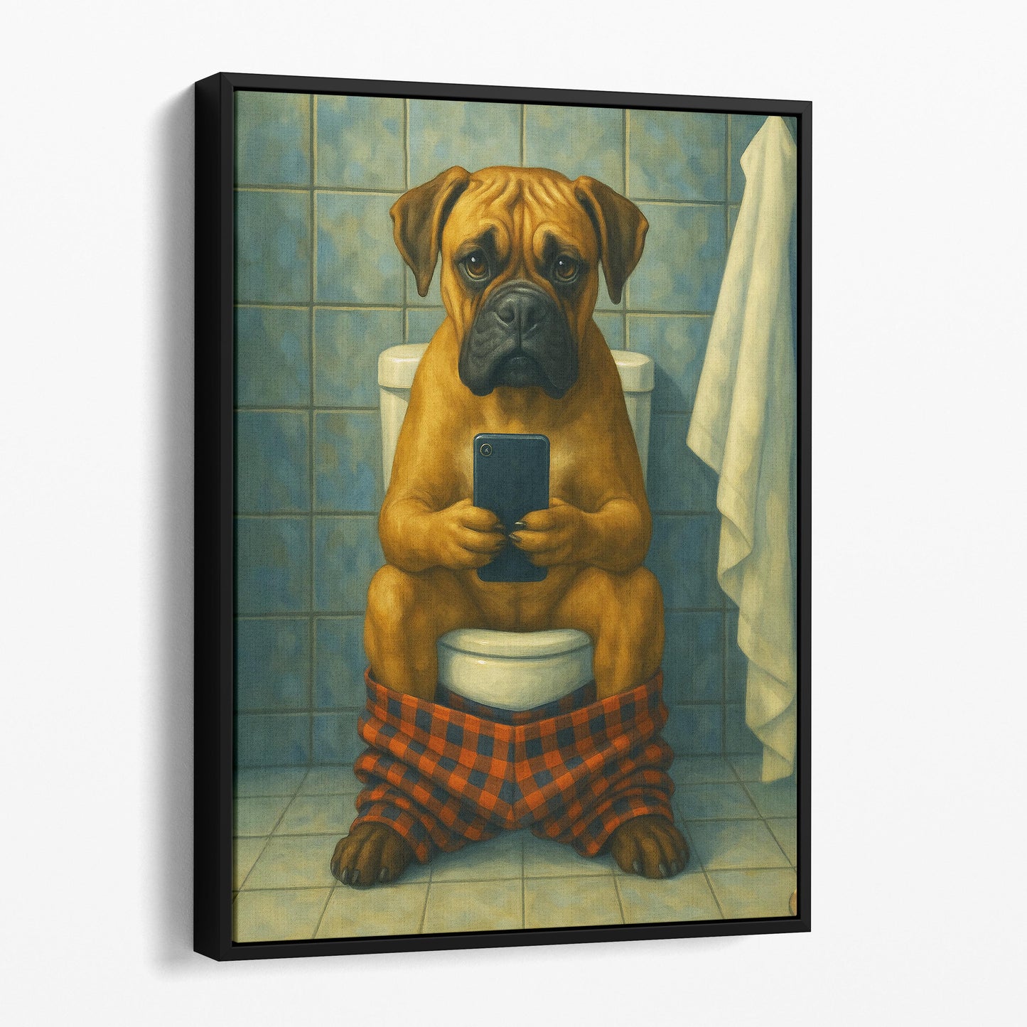 Boxer Dog On The Phone On The Toilet