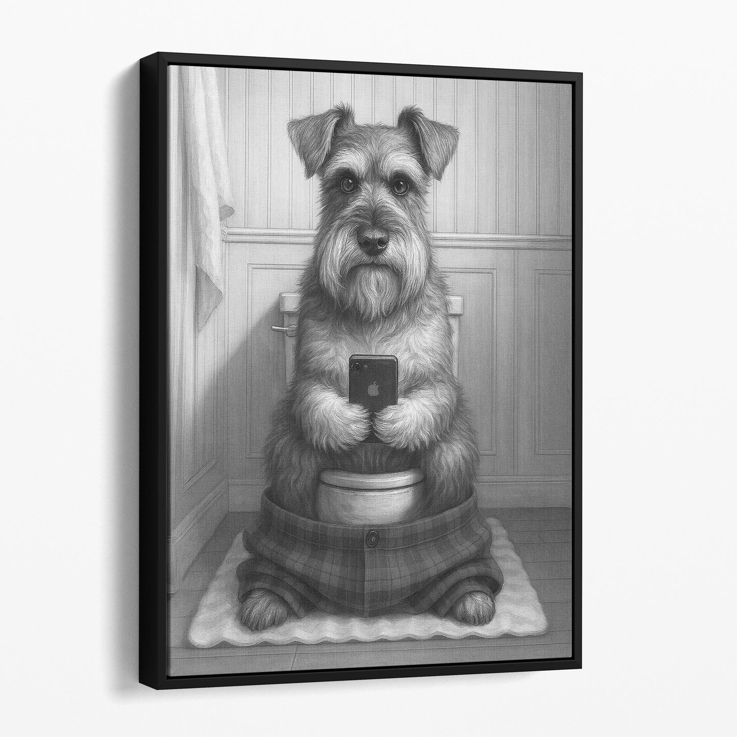 Schnauzer Dog On The Phone On The Toilet