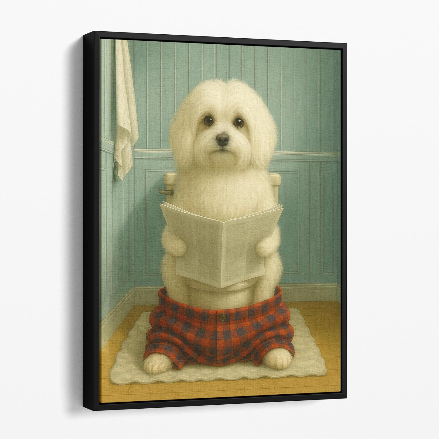 Maltese Dog Reading The Newspaper On The Toilet