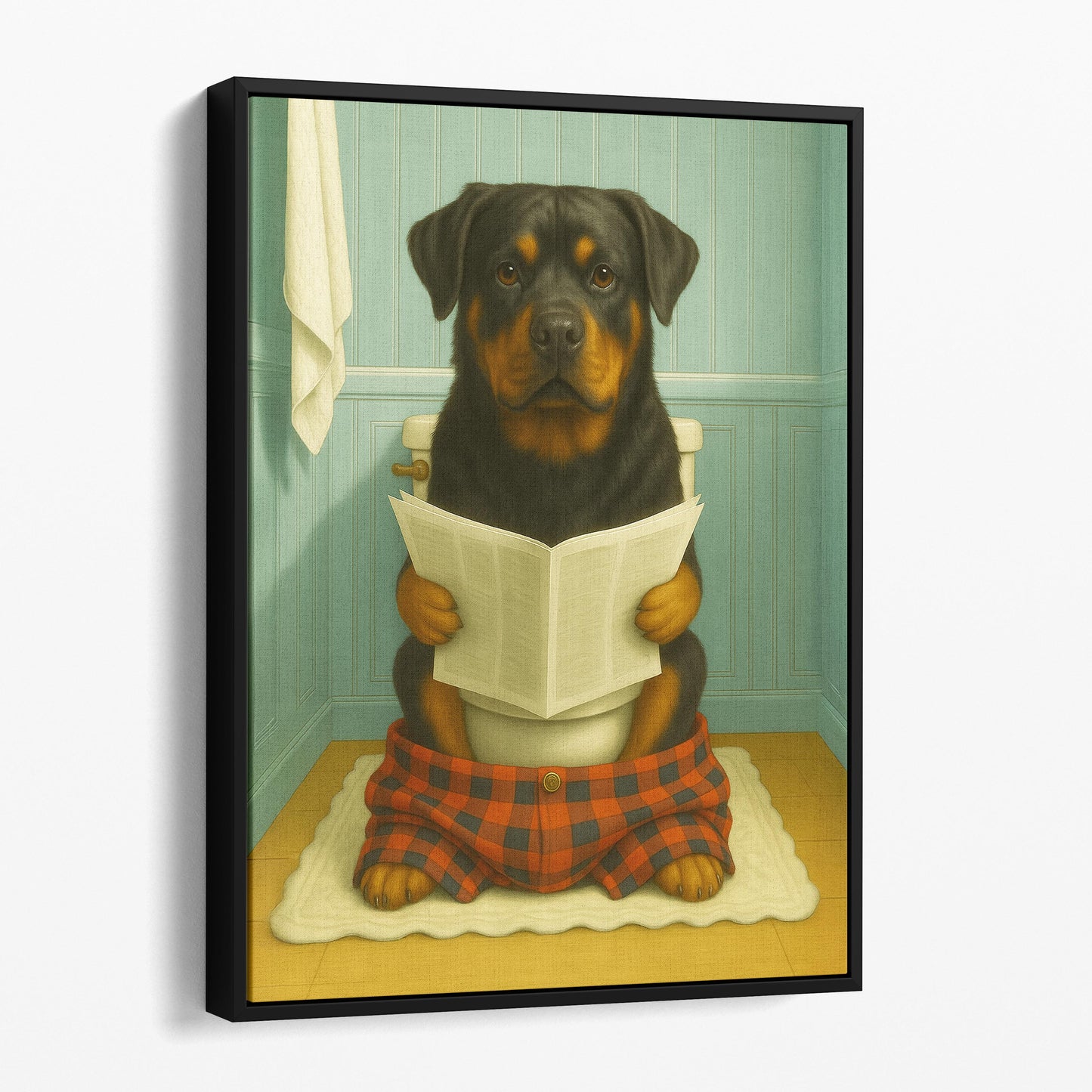 Rottweiler Dog Reading The Newspaper On The Toilet