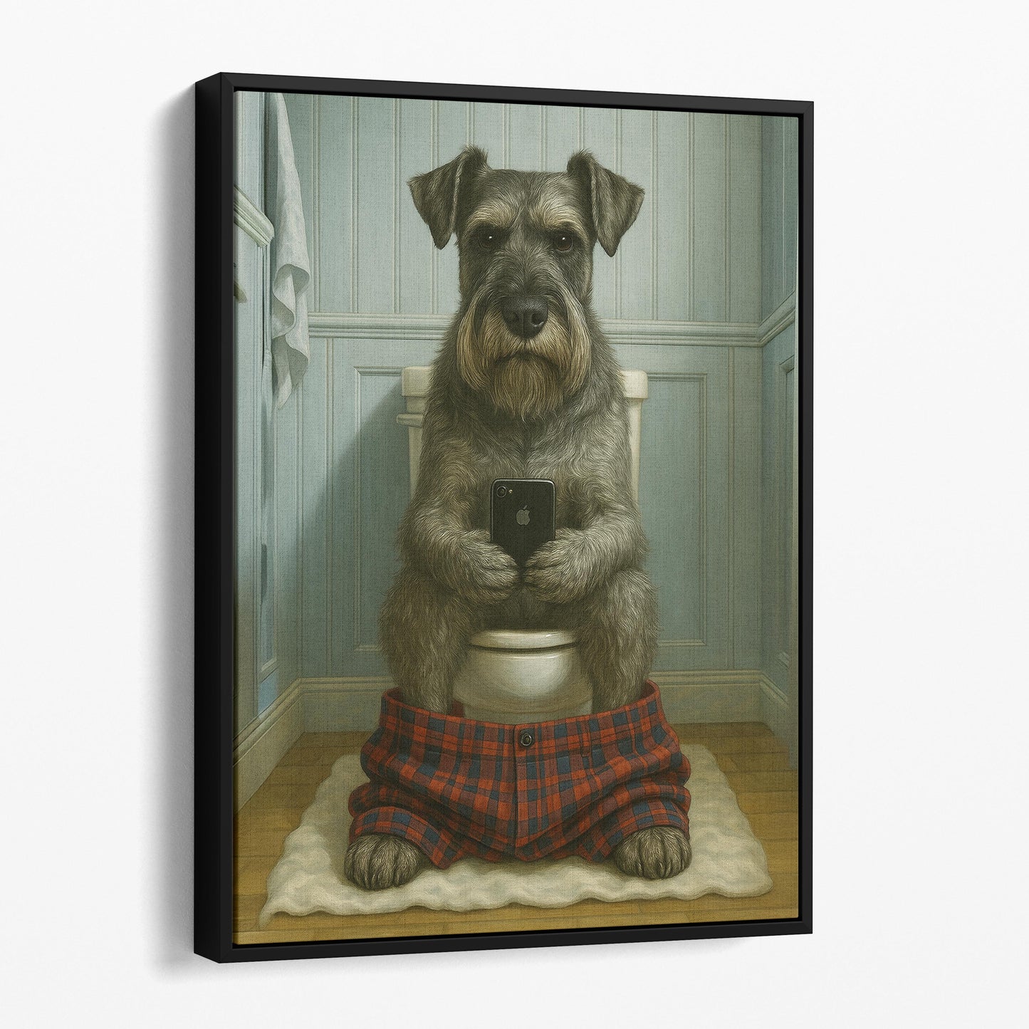 Standard Schnauzer Dog On The Phone On The Toilet