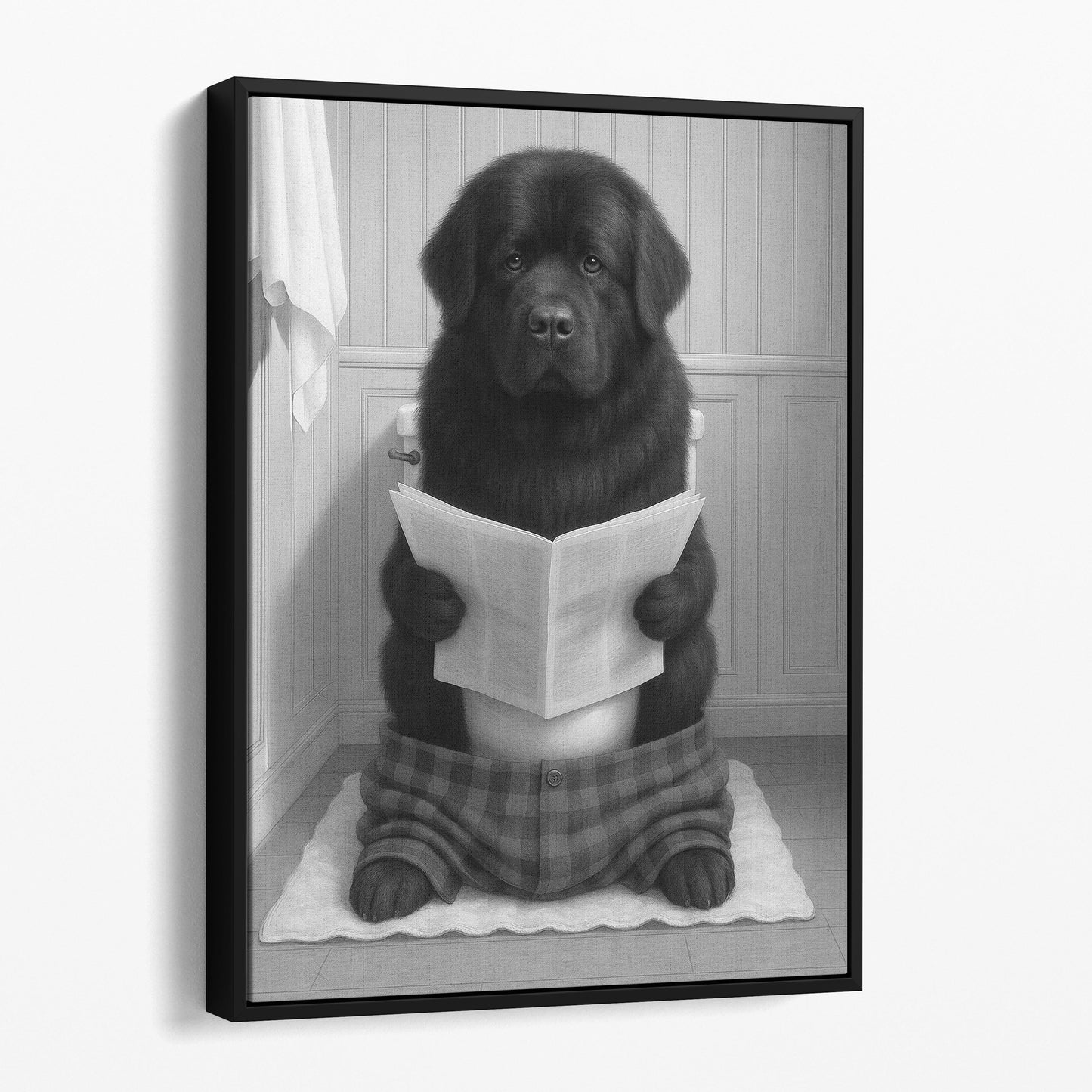 Newfoundland Dog Reading The Newspaper On The Toilet