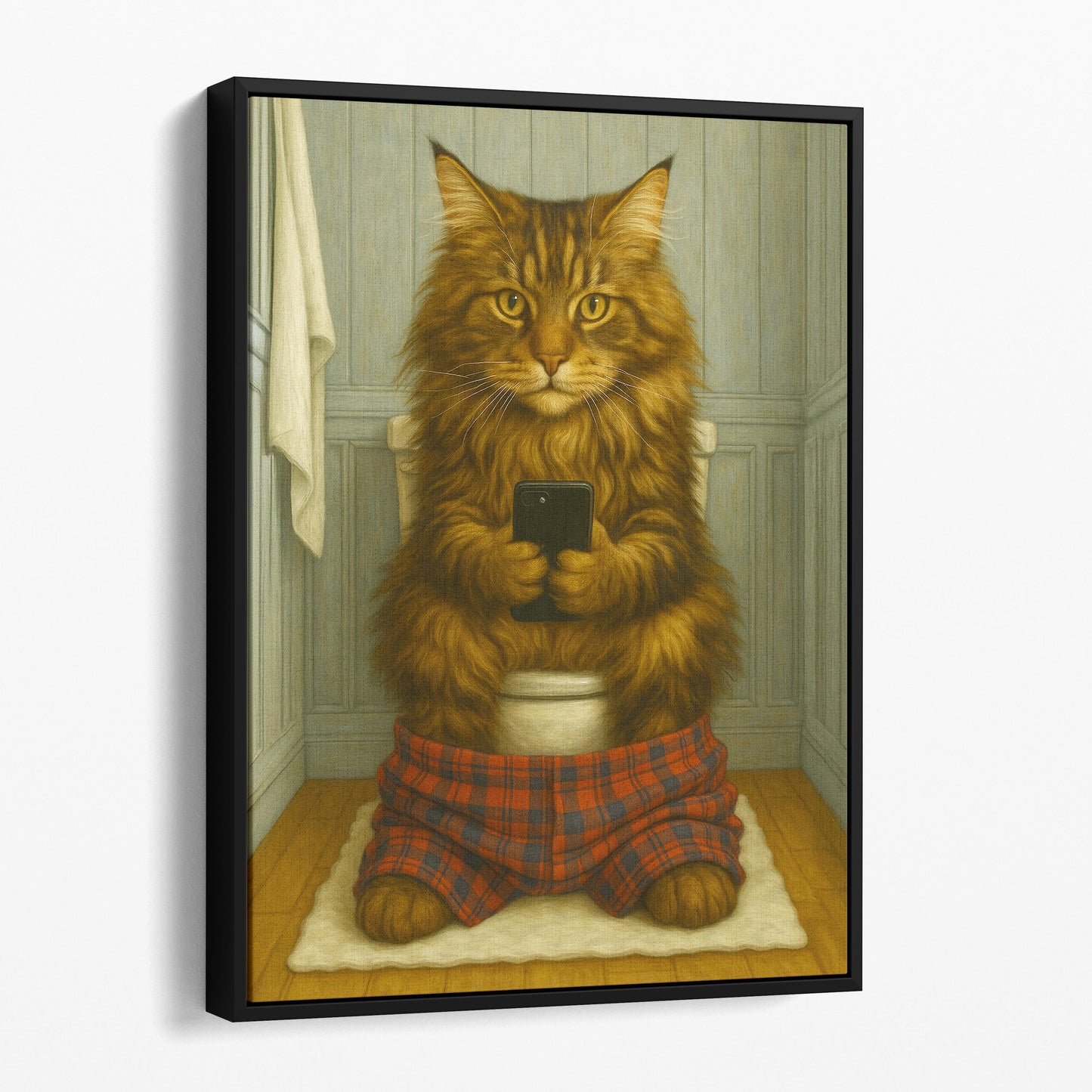 Maine Coon Cat On The Phone On The Toilet