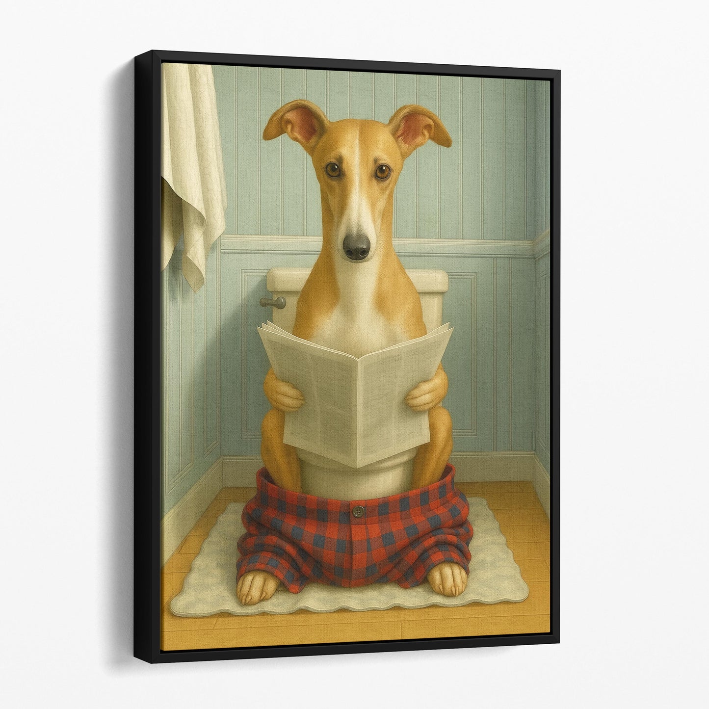 Greyhound Dog Reading The Newspaper On The Toilet