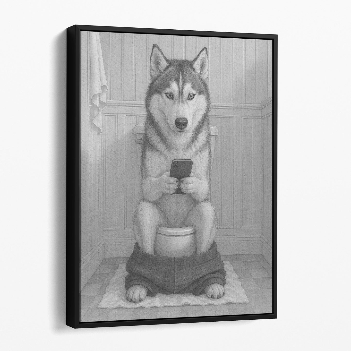 Husky Dog On The Phone On The Toilet