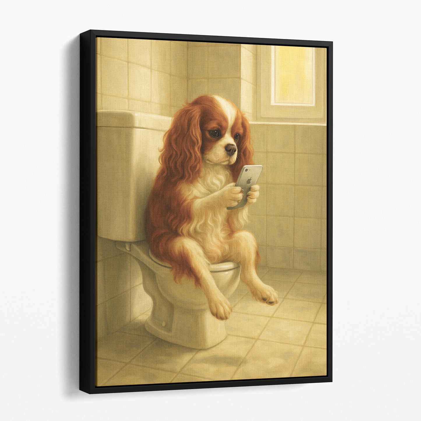 King Cavalier Dog On The Phone On The Toilet