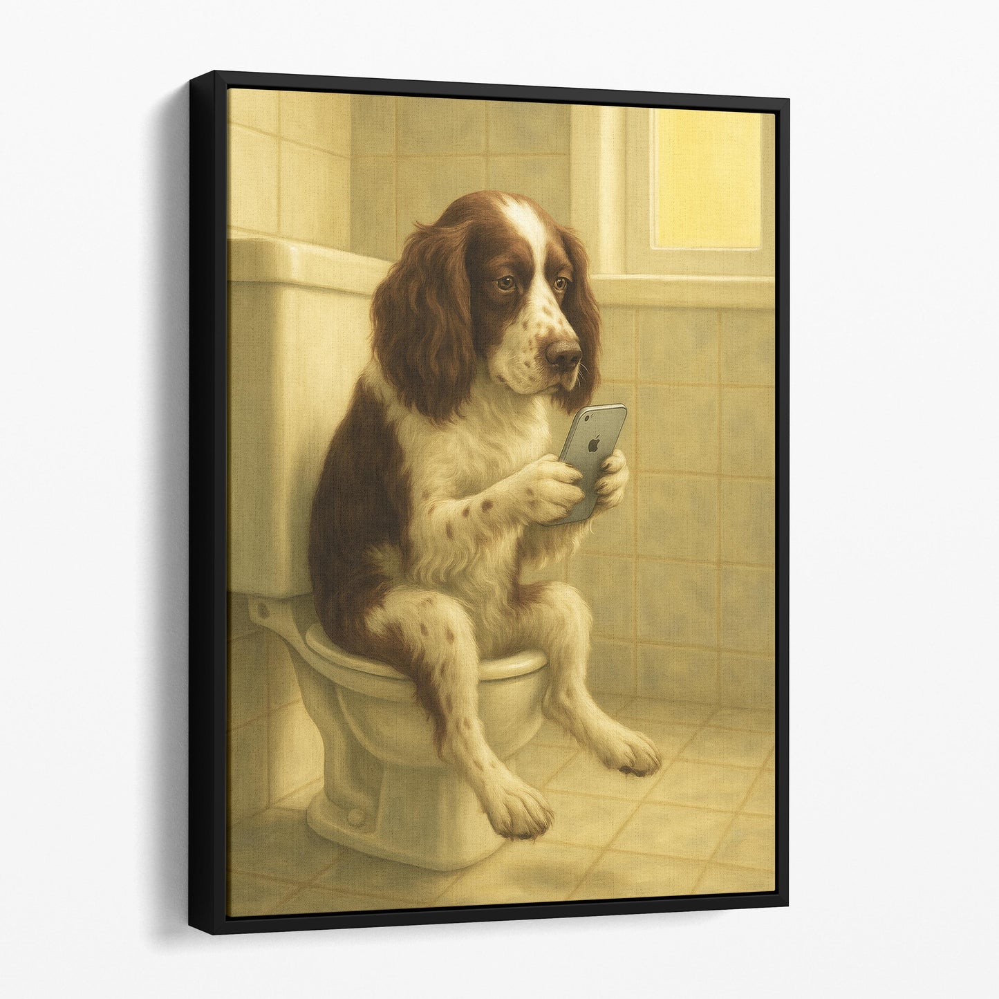 English Springer Spaniel Dog On The Phone On The Toilet
