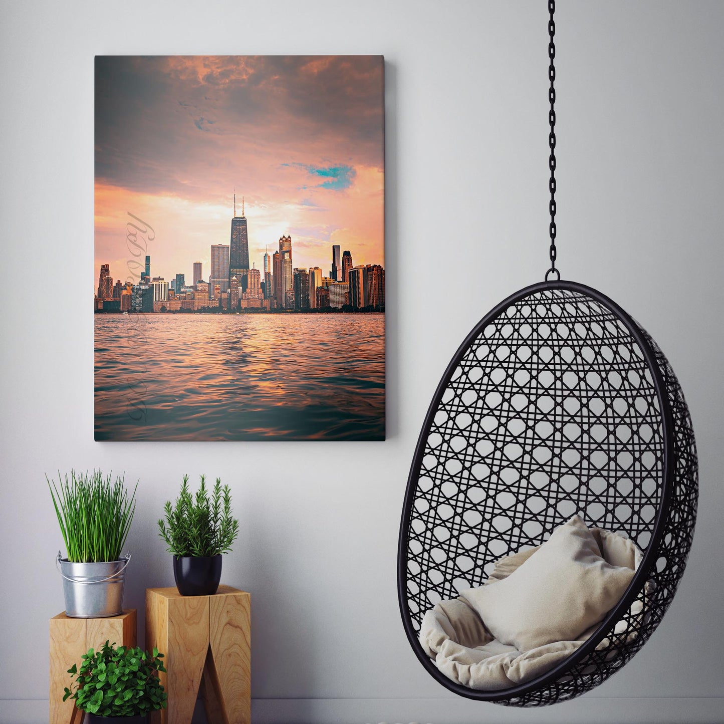 Chicago City Skyline Over Lake Michigan