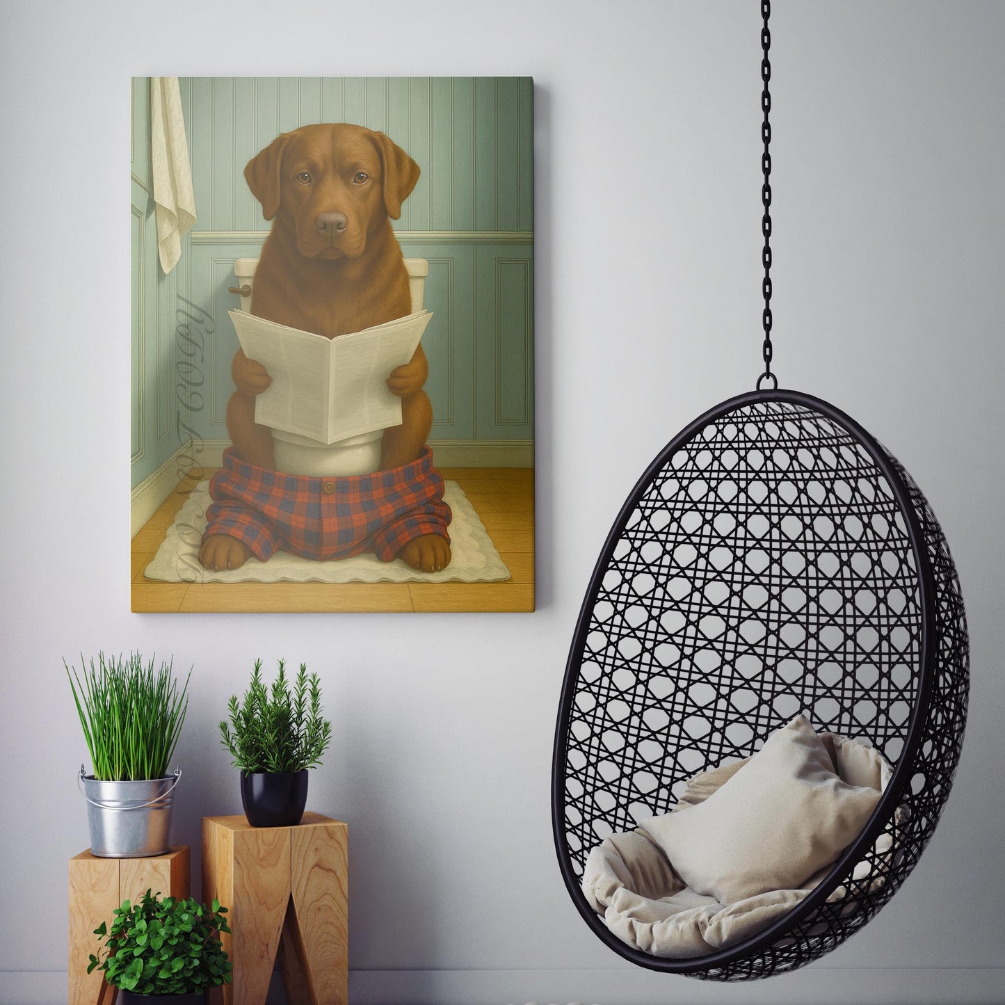 Chocolate Labrador Retriever Dog Reading The Newspaper On The Toilet