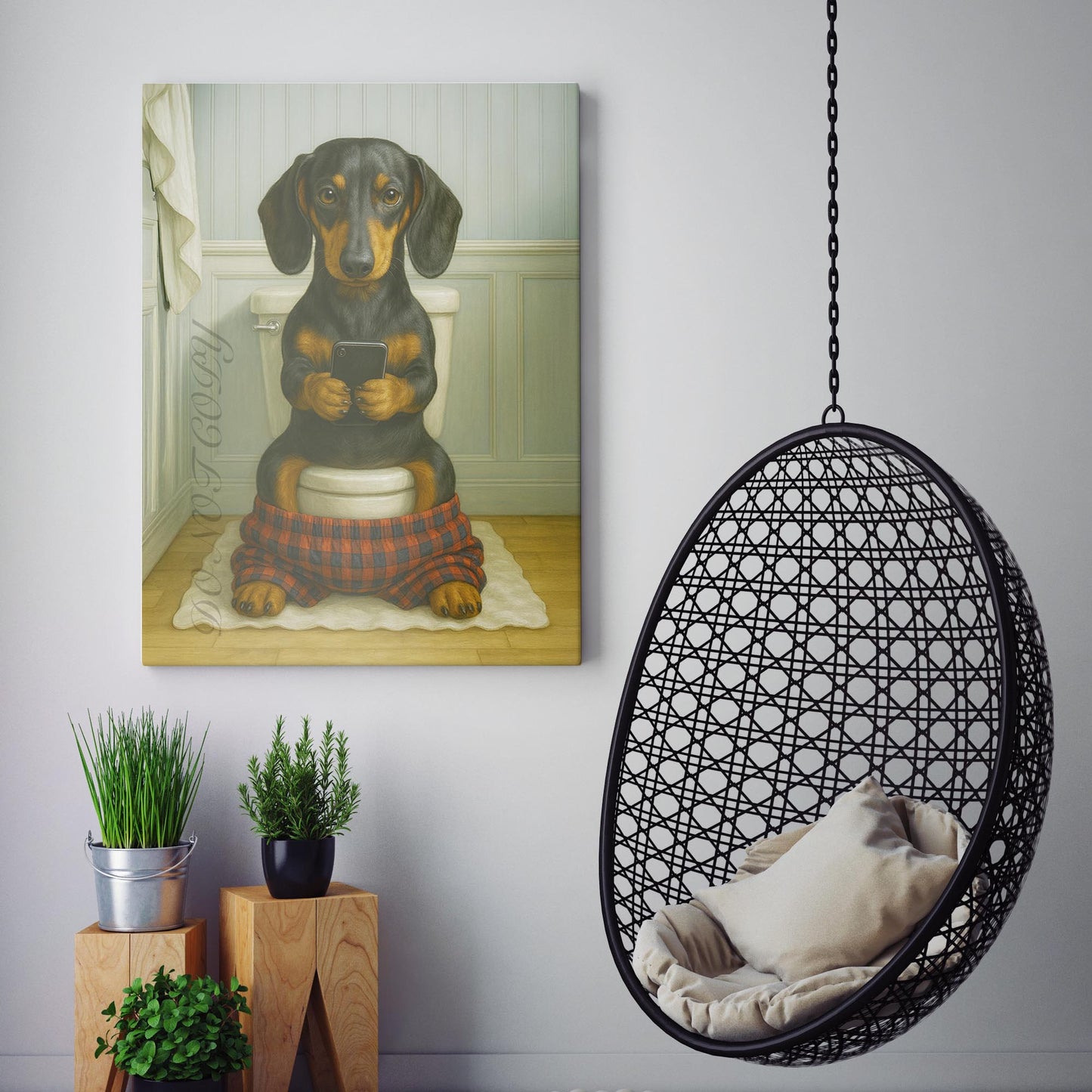 Dachshund Dog On The Phone On The Toilet