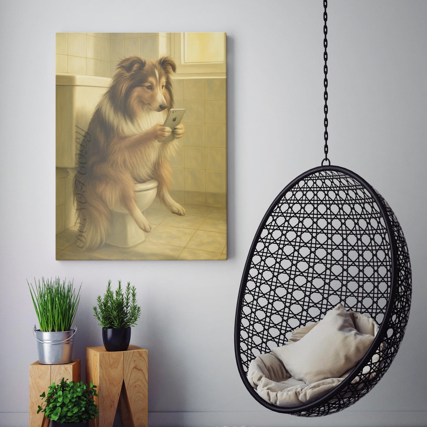 Shetland Sheepdog On The Phone On The Toilet