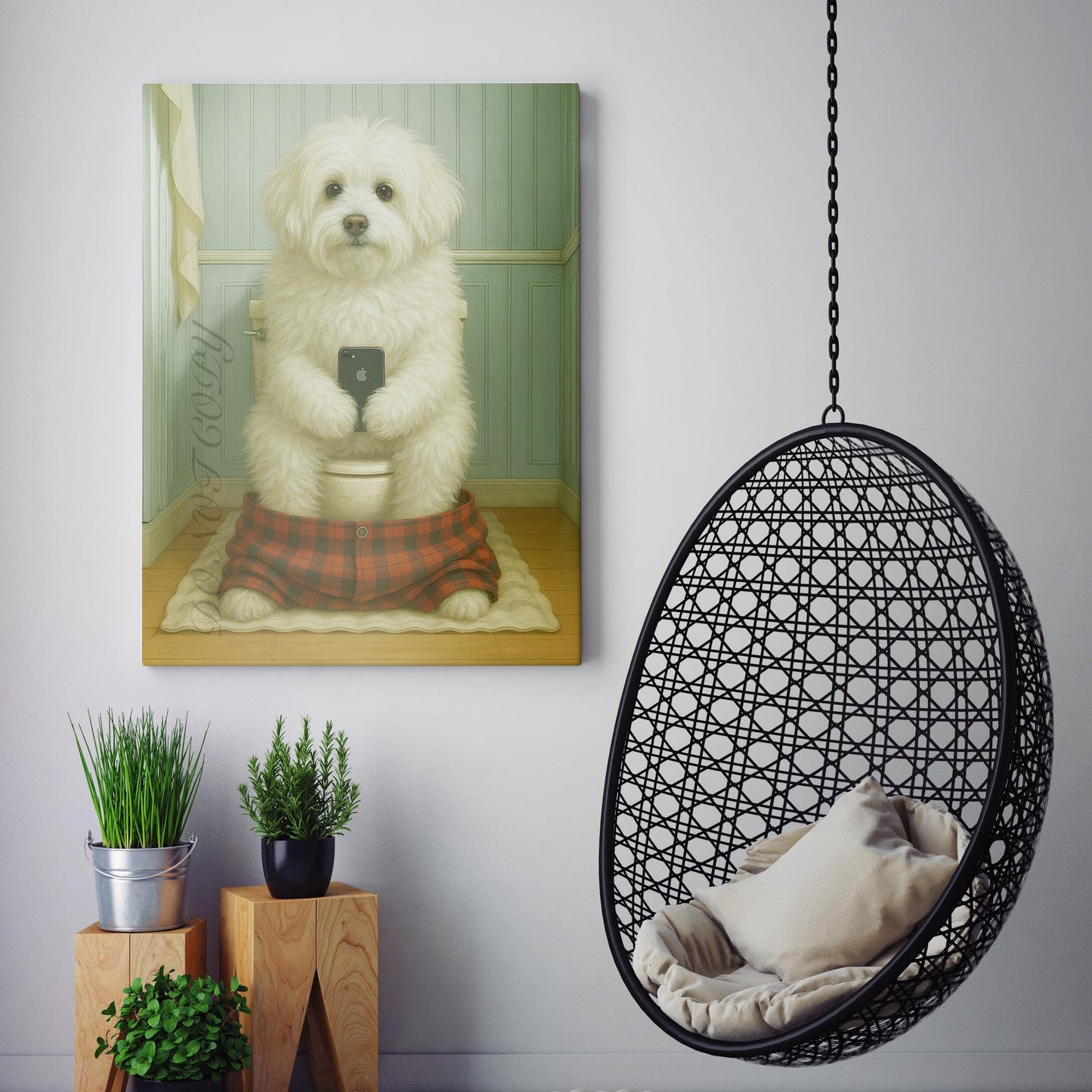 Coton de Tulear Dog On The Phone On The Toilet