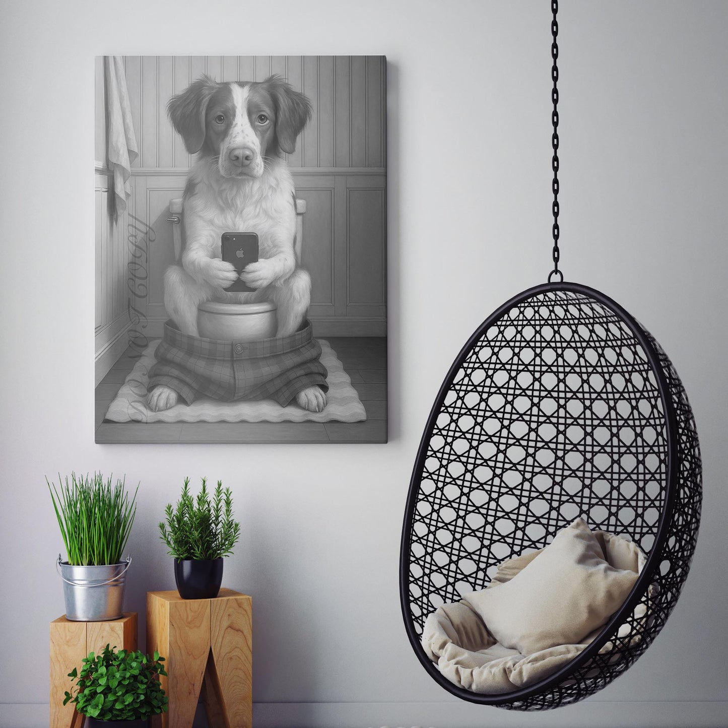 Brittany Dog On The Phone On The Toilet